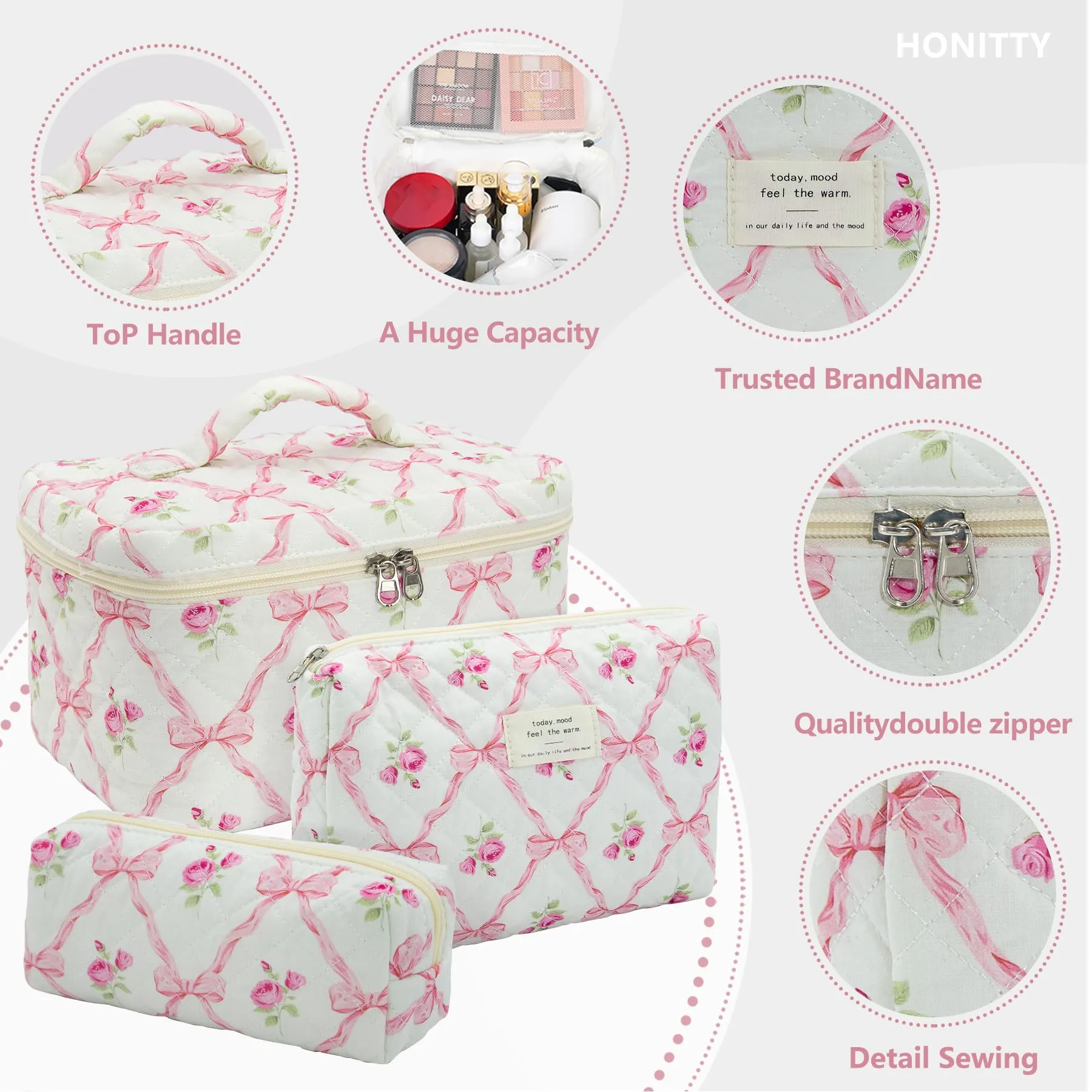 honitty Makeup Bag,Quilted Cosmetic Bag,Large Floral Make Up Bag for Women,Cotton Makeup Bag Set,Flower Travel Toiletry Bag