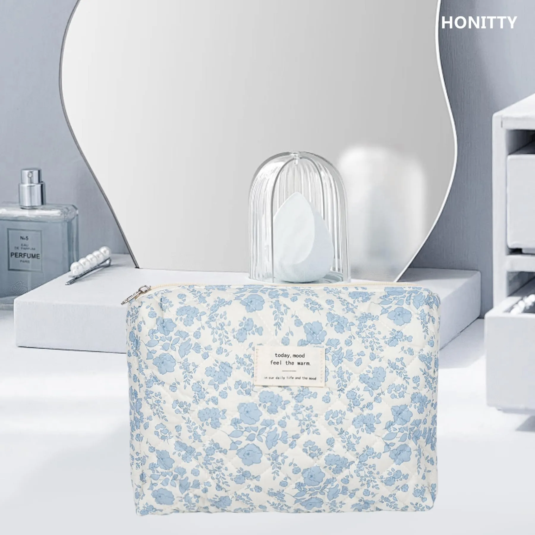 honitty Makeup Pouch,Quilted Cosmetic Bags,Large Floral Make Up Organizer for Women