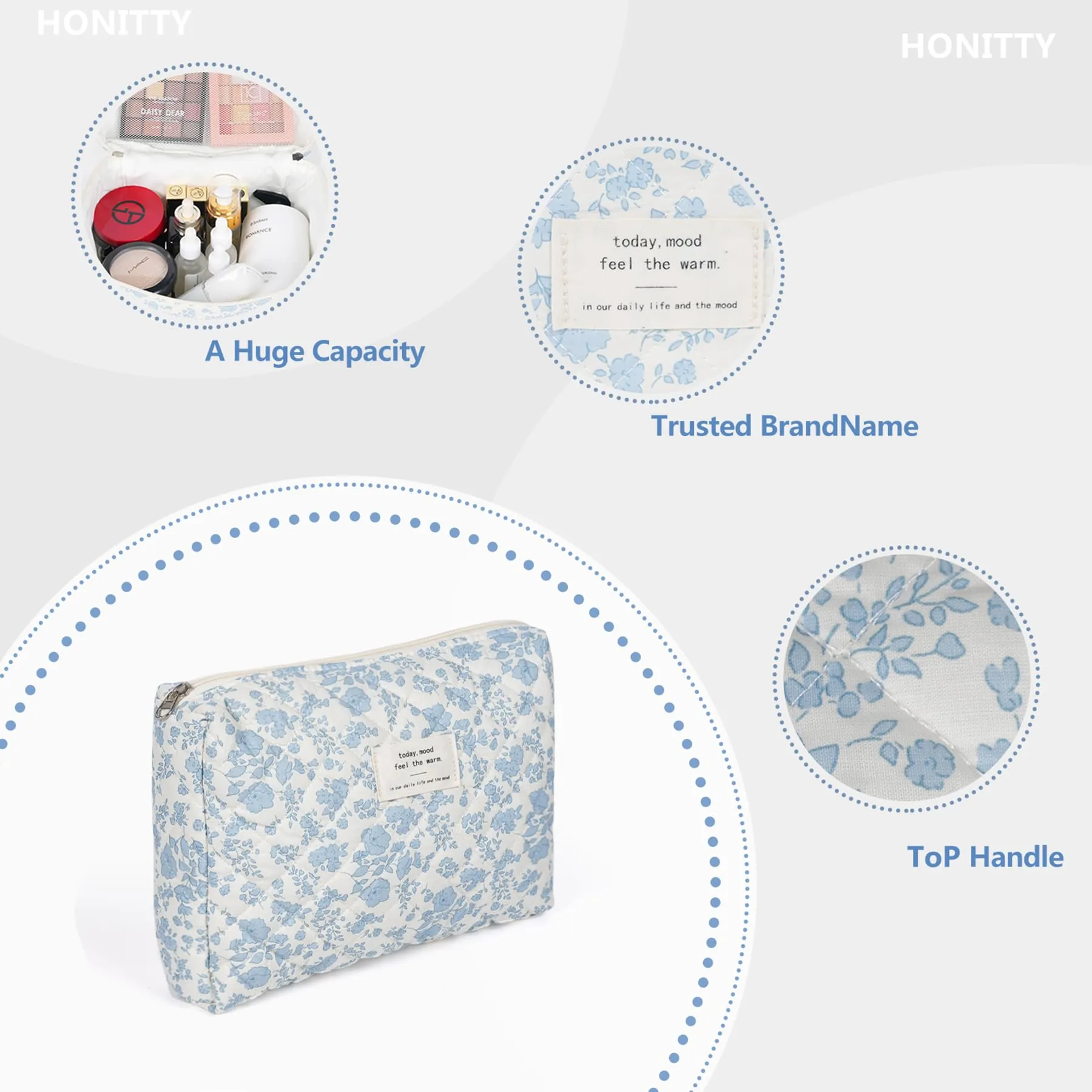 honitty Makeup Pouch,Quilted Cosmetic Bags,Large Floral Make Up Organizer for Women