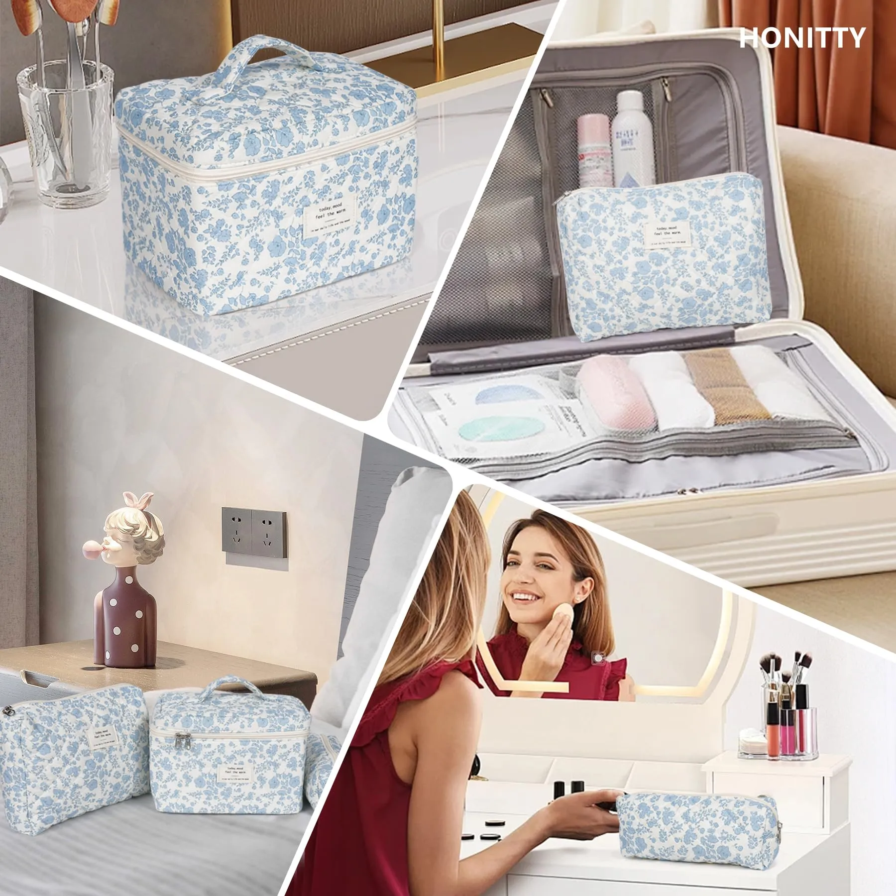 honitty Makeup Pouch,Quilted Cosmetic Bags,Large Floral Make Up Organizer for Women