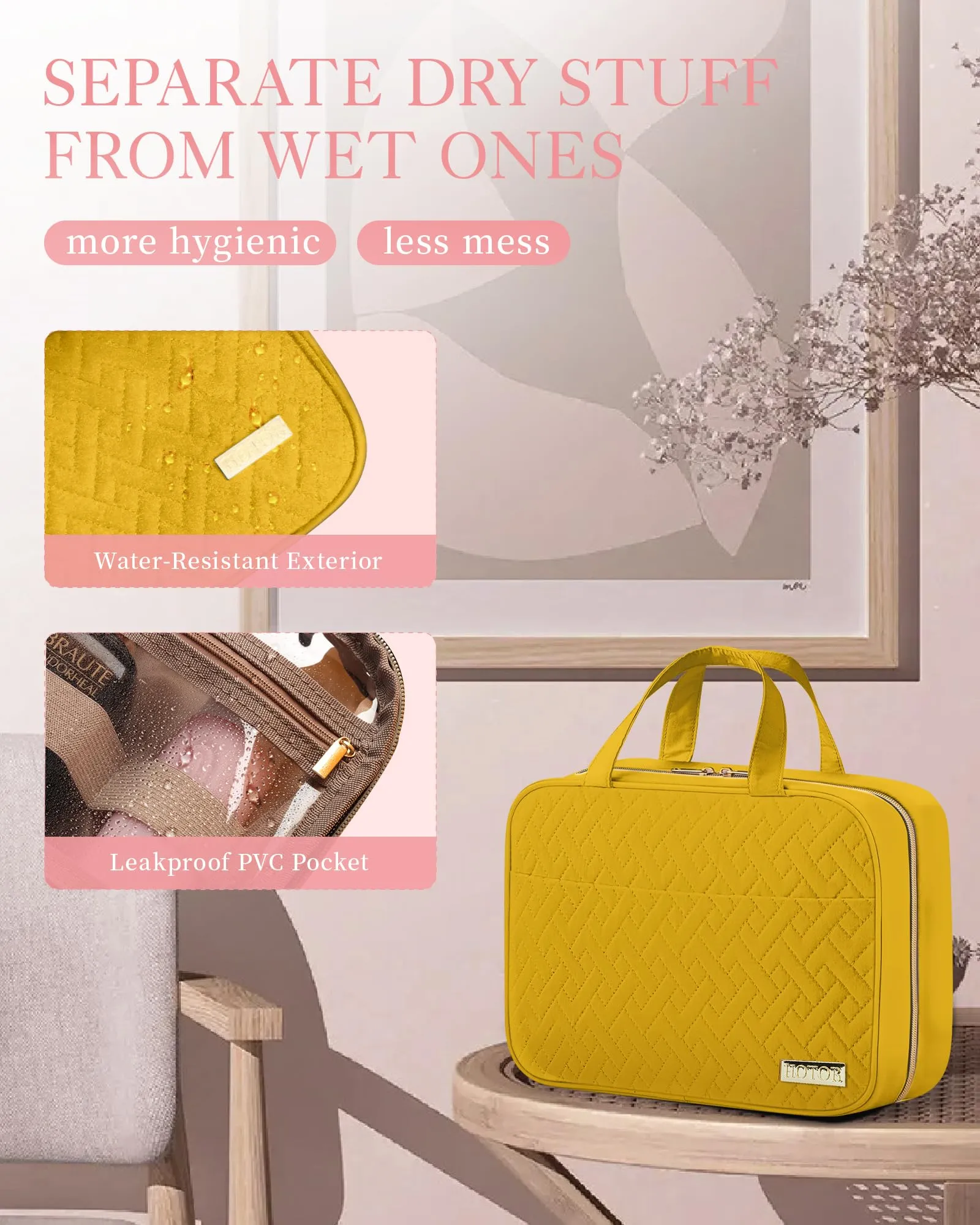 HOTOR Travel Toiletry Bag - Toiletry Bag w/Hanging Hook - Spacious Toiletry Bag for Women & Men, Makeup Bag/Big Comparment, Waterproof for Travel Accessories, Travel Essentials, Medium, Yellow