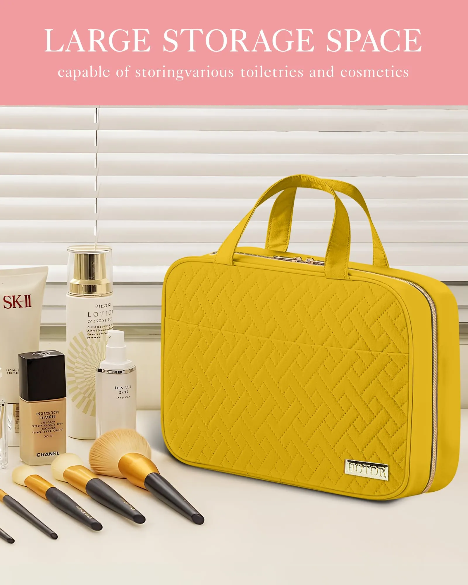 HOTOR Travel Toiletry Bag - Toiletry Bag w/Hanging Hook - Spacious Toiletry Bag for Women & Men, Makeup Bag/Big Comparment, Waterproof for Travel Accessories, Travel Essentials, Medium, Yellow