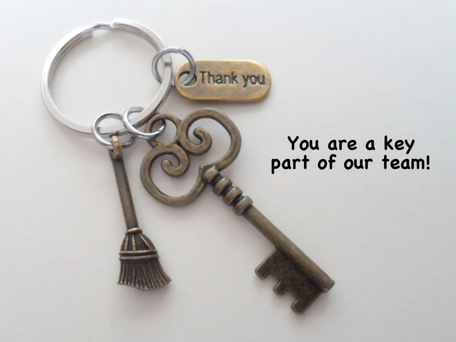 Housekeeping Appreciation Gift Keychain; Bronze Key, Broom, & Thank You Charm Keychain
