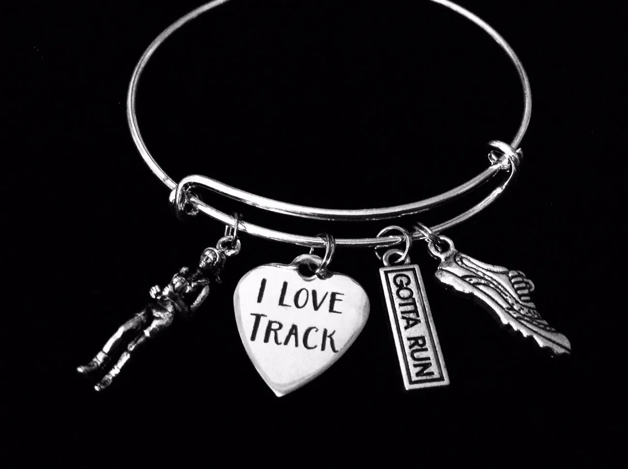 I Love Track Expandable Charm Bracelet Adjustable Silver Bangle Got to Run Runner Gift