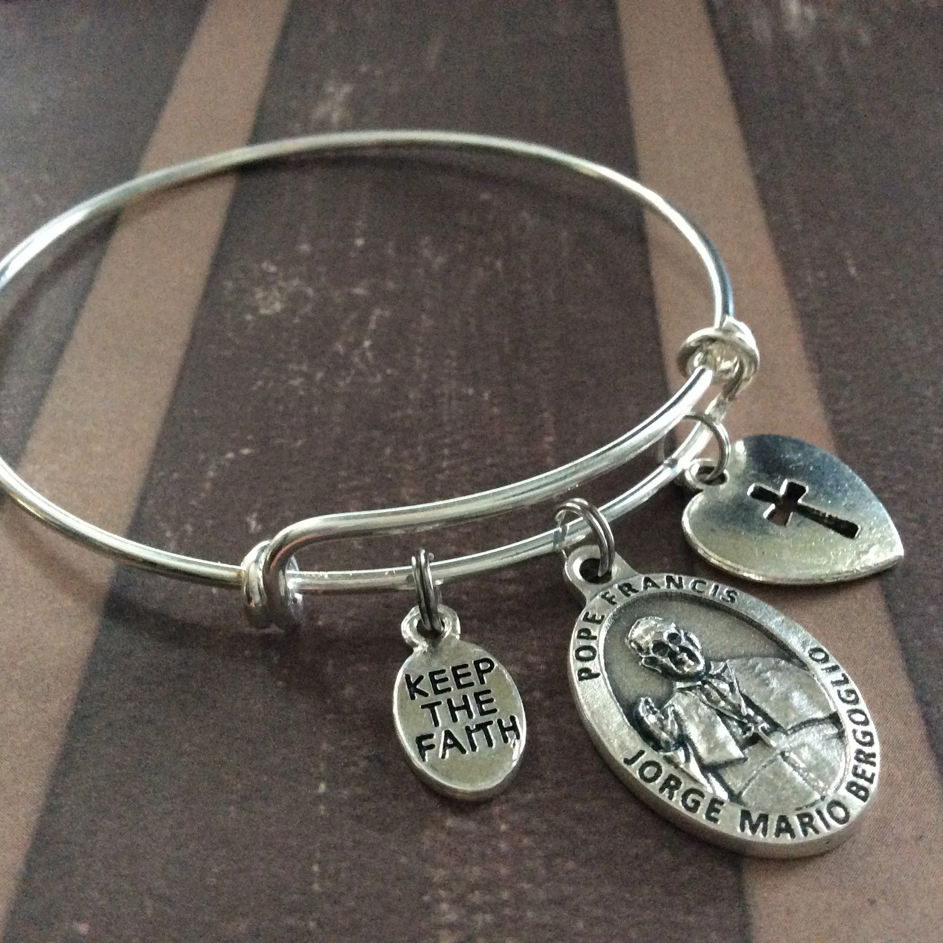 Keep the Faith Pope Francis Silver Medal Expandable Charm Bracelet Inspirational Jewelry