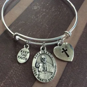 Keep the Faith Pope Francis Silver Medal Expandable Charm Bracelet Inspirational Jewelry