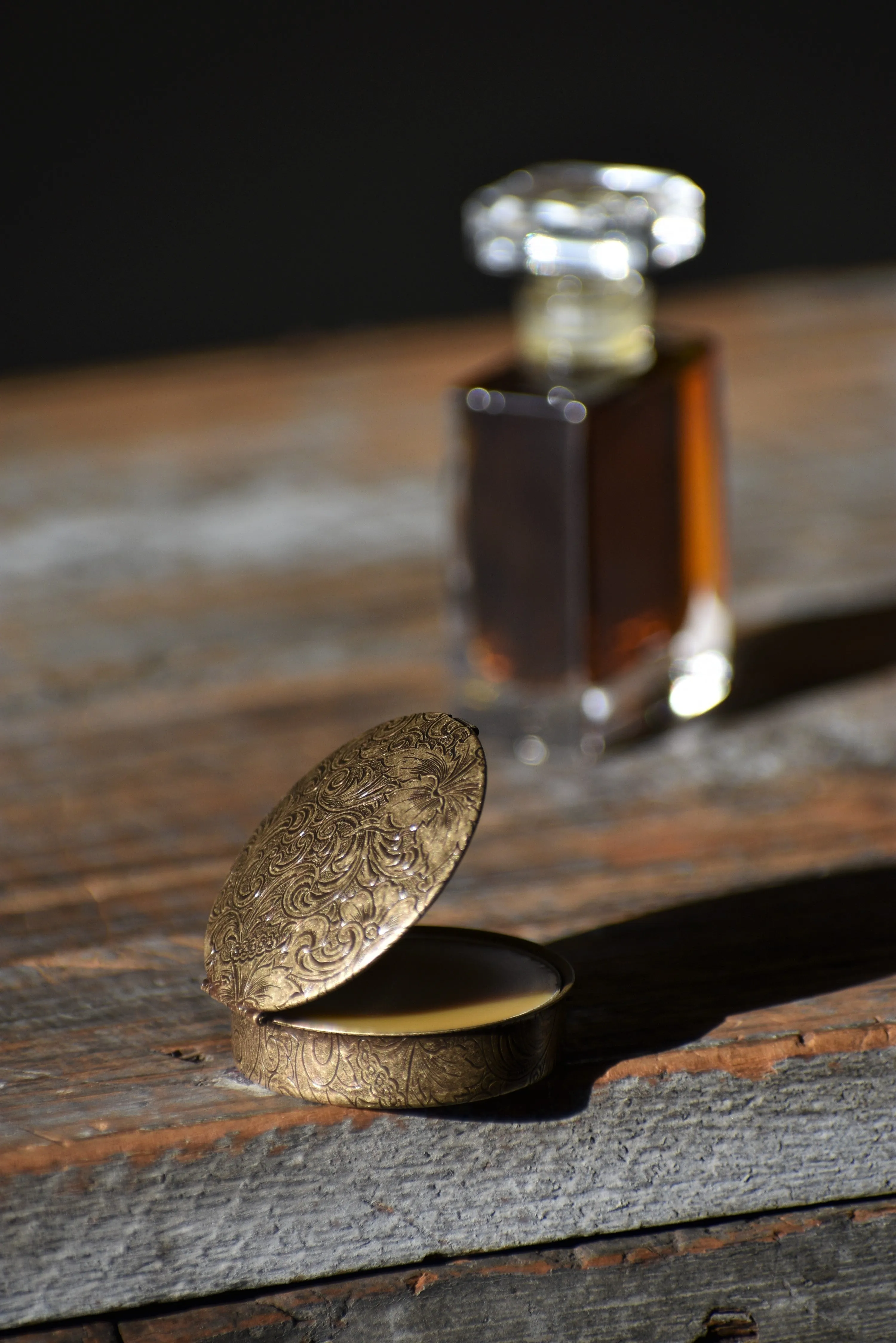 LAKSHMI'S TOUCH | perfume solid in ornate brass compact | Rose. Patchouli. Cocoa. Tulsi