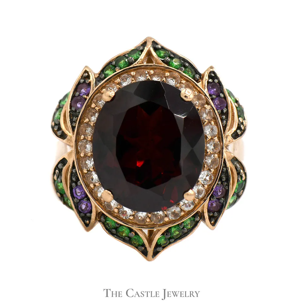 Le Vian Oval Garnet Flower Ring with Topaz, Tsavorite and Amethyst Accents in 14k Rose Gold