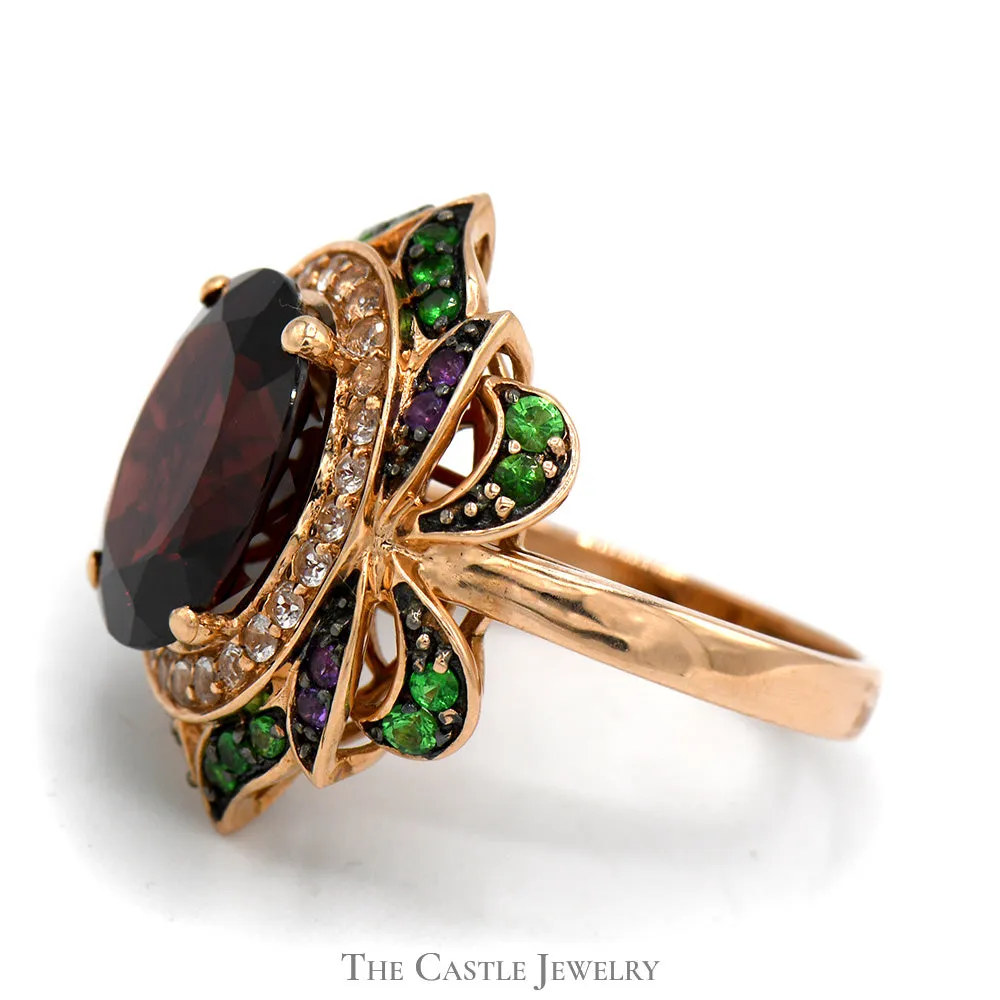 Le Vian Oval Garnet Flower Ring with Topaz, Tsavorite and Amethyst Accents in 14k Rose Gold