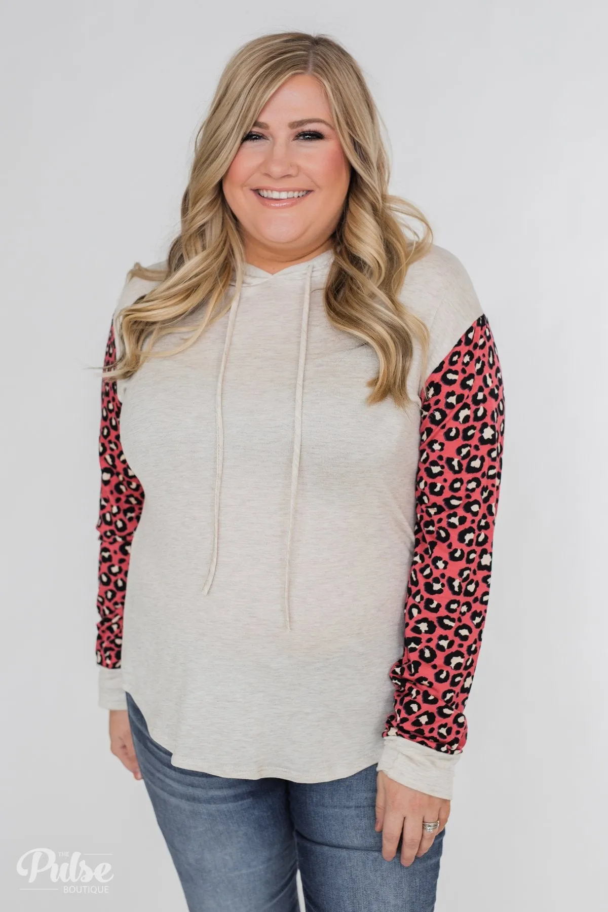 Lightweight Leopard Sleeve Hoodie- Oatmeal & Dark Coral