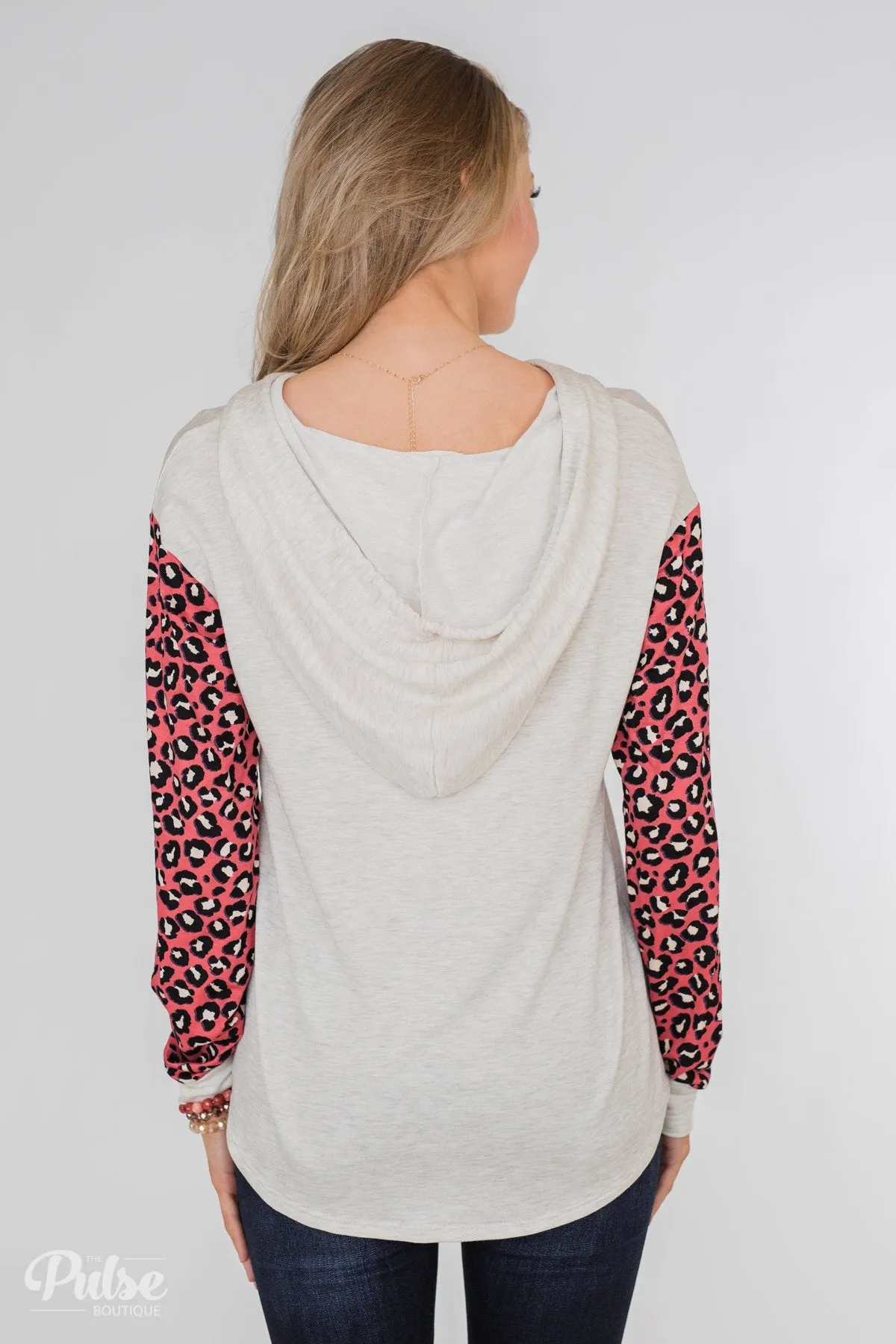 Lightweight Leopard Sleeve Hoodie- Oatmeal & Dark Coral
