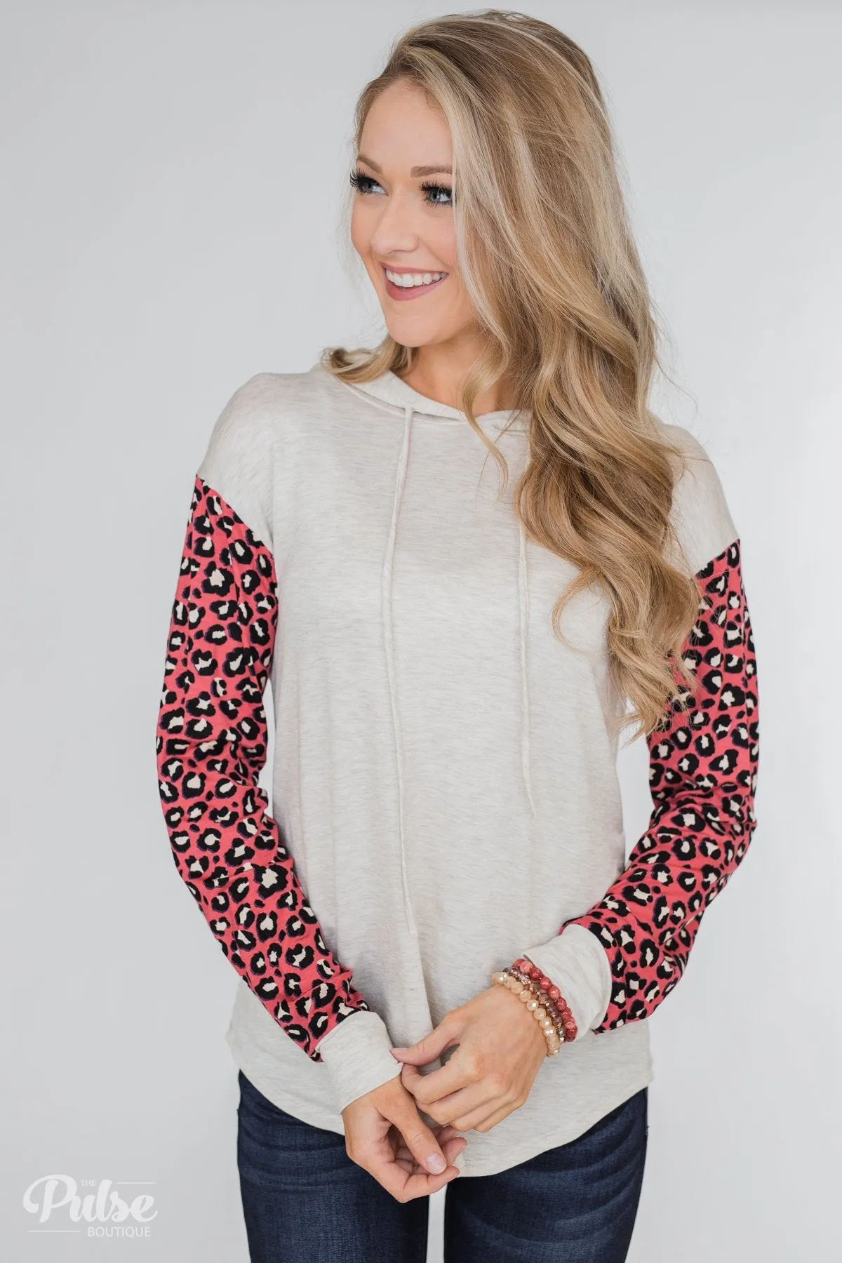 Lightweight Leopard Sleeve Hoodie- Oatmeal & Dark Coral