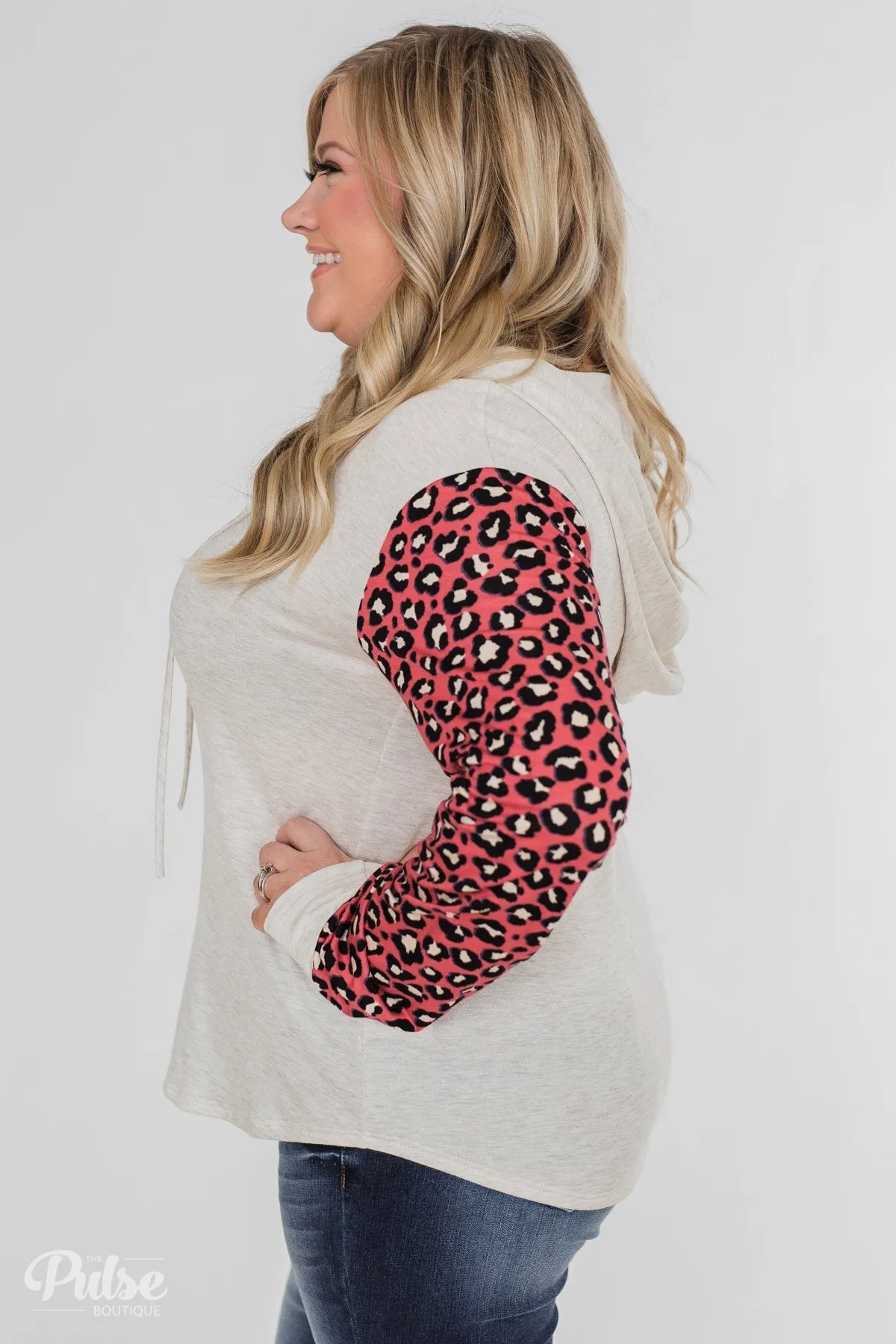Lightweight Leopard Sleeve Hoodie- Oatmeal & Dark Coral