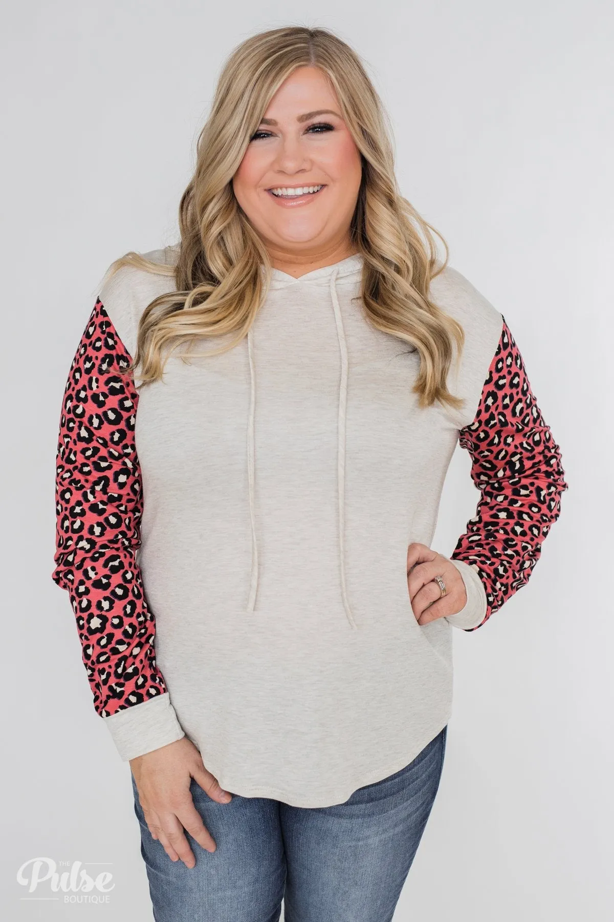 Lightweight Leopard Sleeve Hoodie- Oatmeal & Dark Coral
