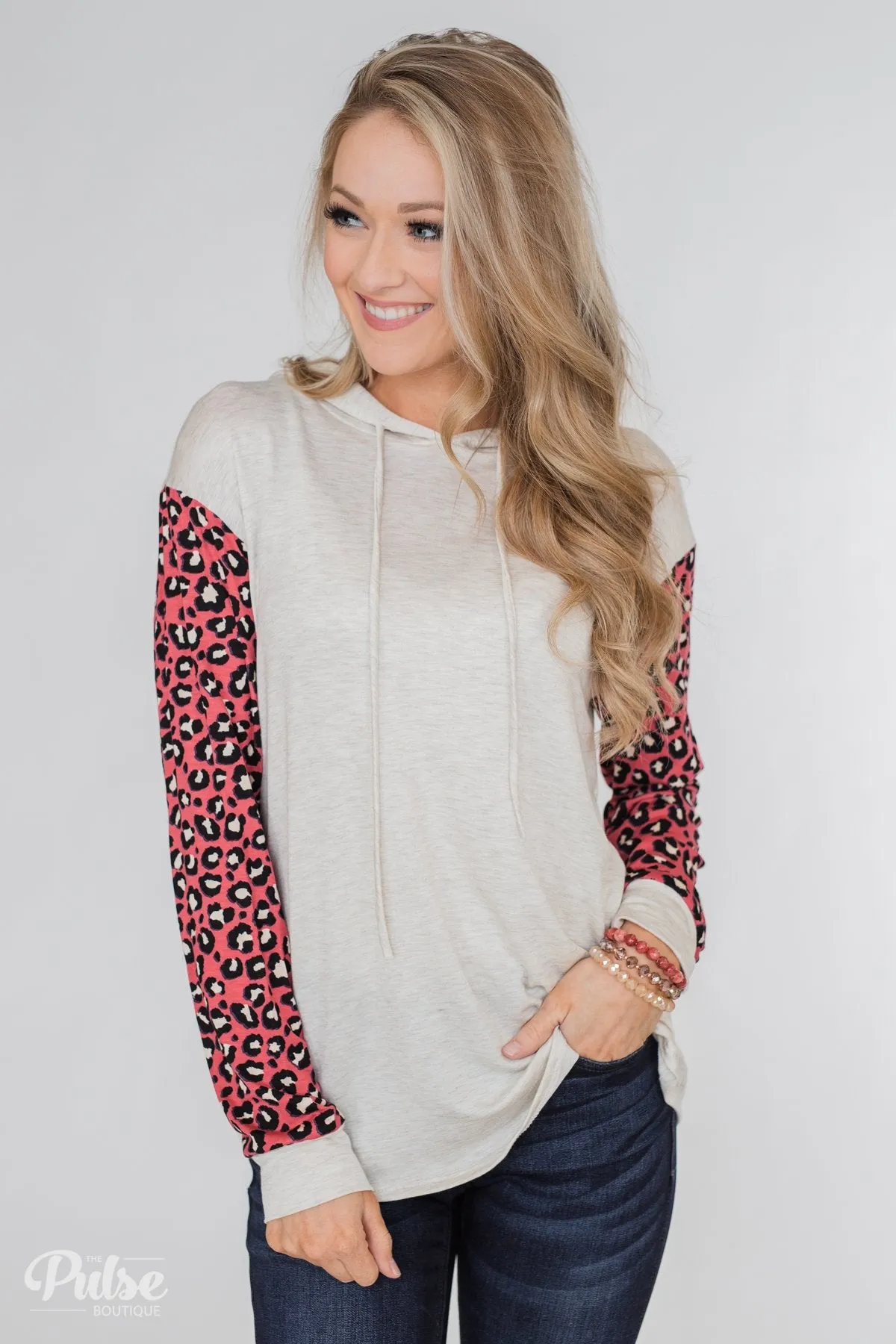Lightweight Leopard Sleeve Hoodie- Oatmeal & Dark Coral