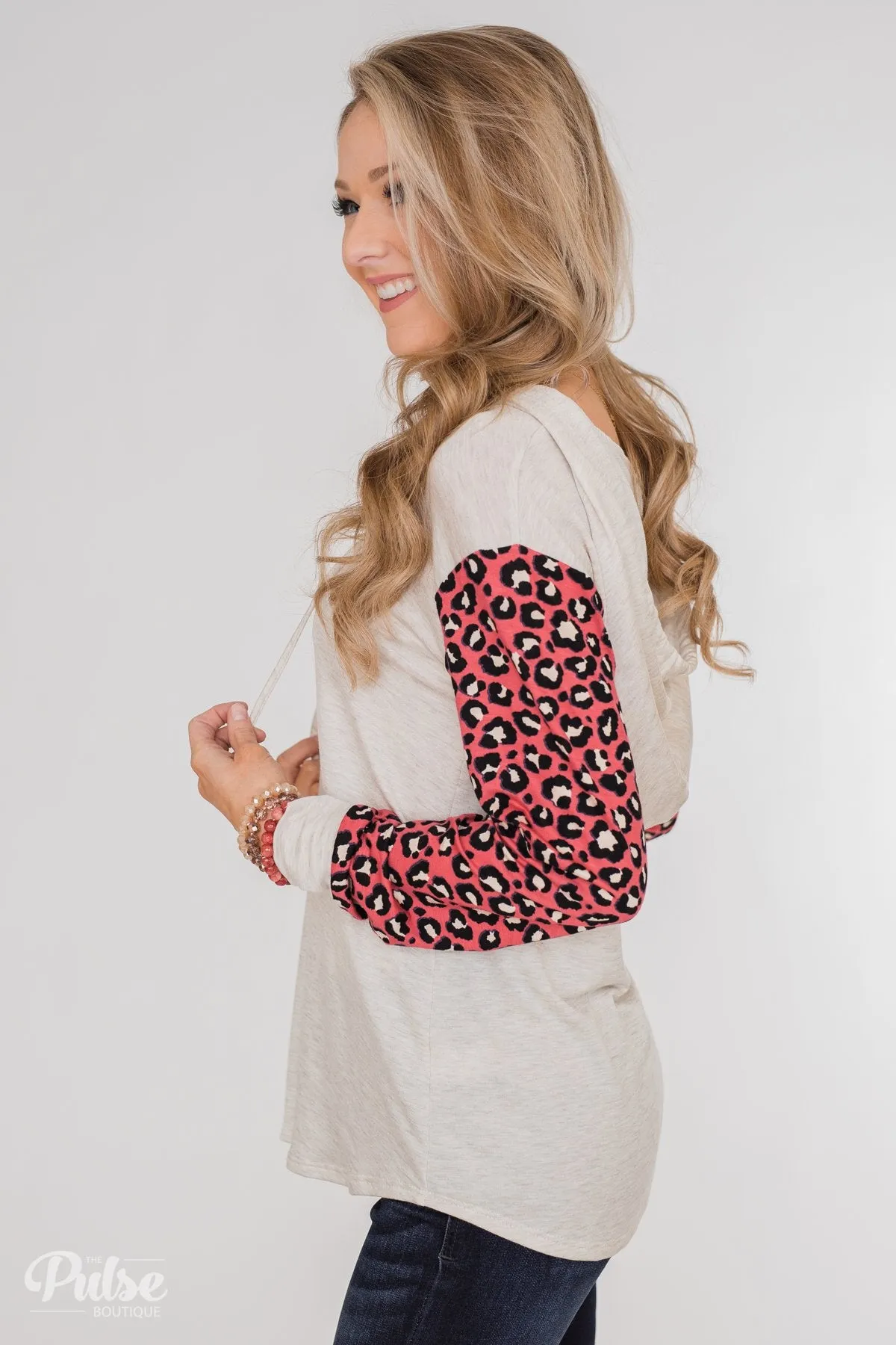 Lightweight Leopard Sleeve Hoodie- Oatmeal & Dark Coral