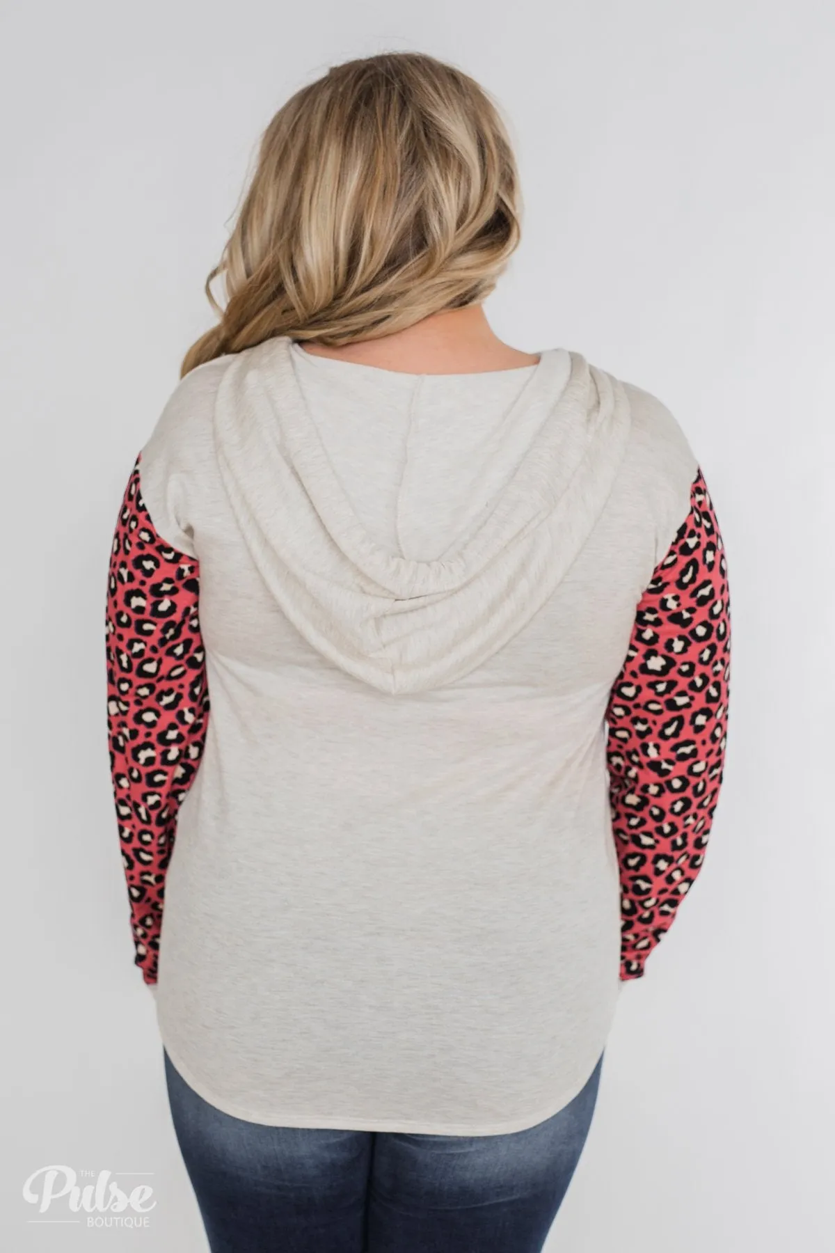 Lightweight Leopard Sleeve Hoodie- Oatmeal & Dark Coral