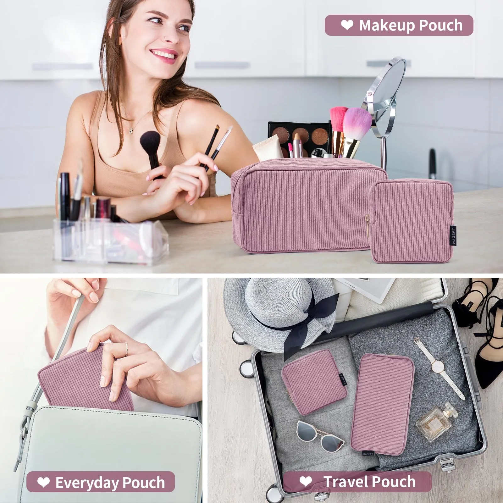 MAGEFY Makeup Bag for Purse, 2 Pcs Corduroy Cosmetic Bag for Women Small Travel Makeup Pouch with Zipper(Pink)