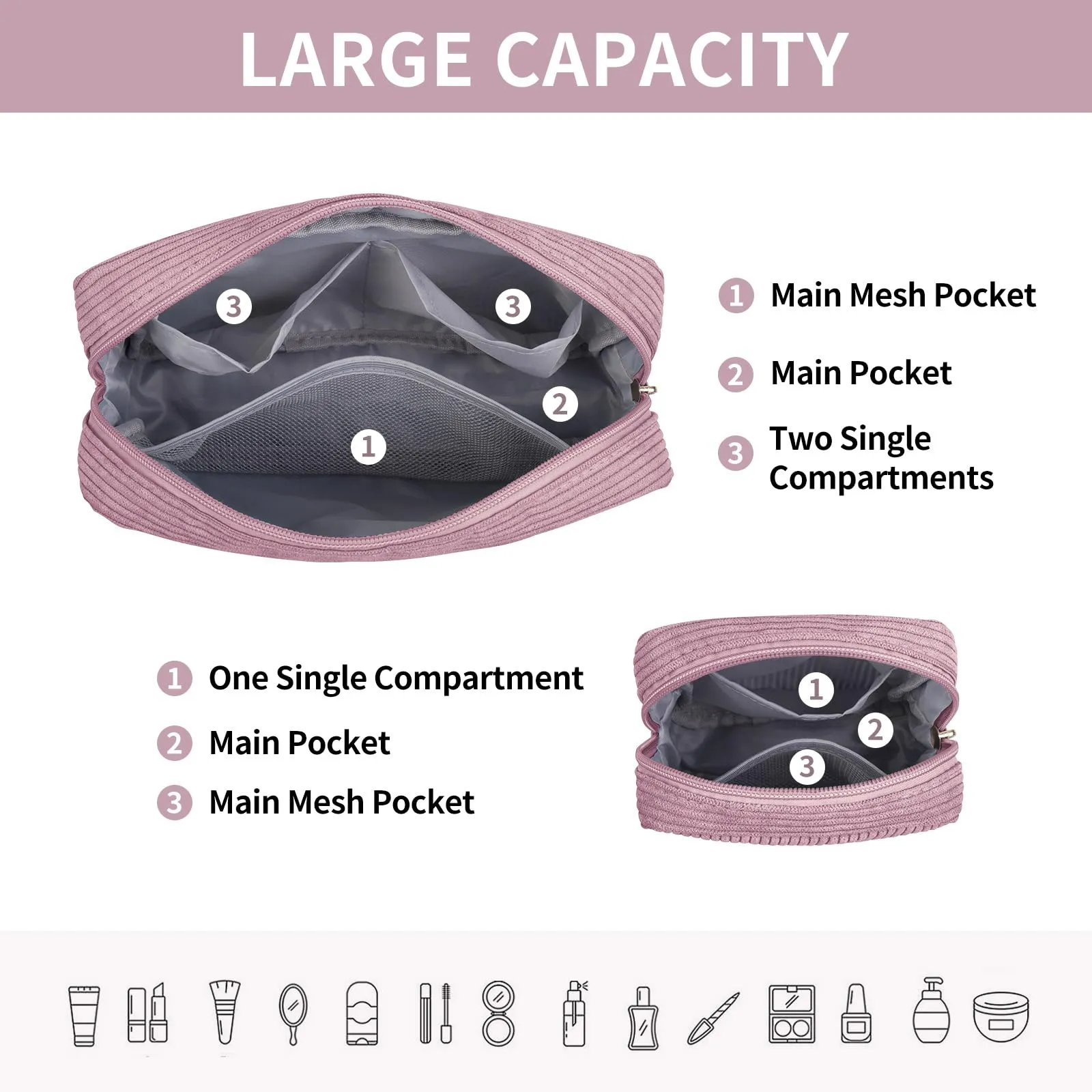 MAGEFY Makeup Bag for Purse, 2 Pcs Corduroy Cosmetic Bag for Women Small Travel Makeup Pouch with Zipper(Pink)