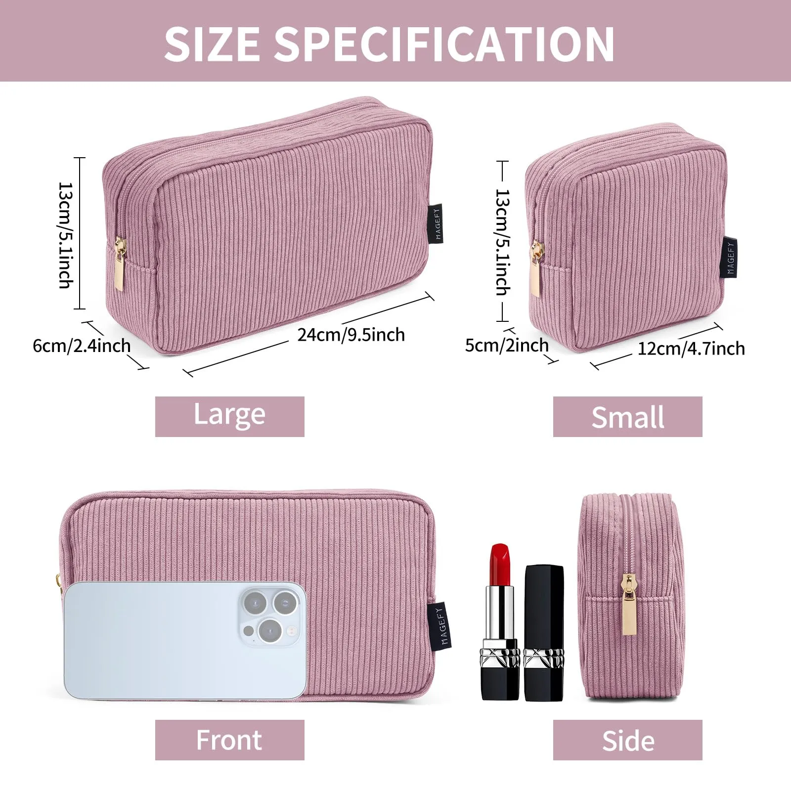 MAGEFY Makeup Bag for Purse, 2 Pcs Corduroy Cosmetic Bag for Women Small Travel Makeup Pouch with Zipper(Pink)