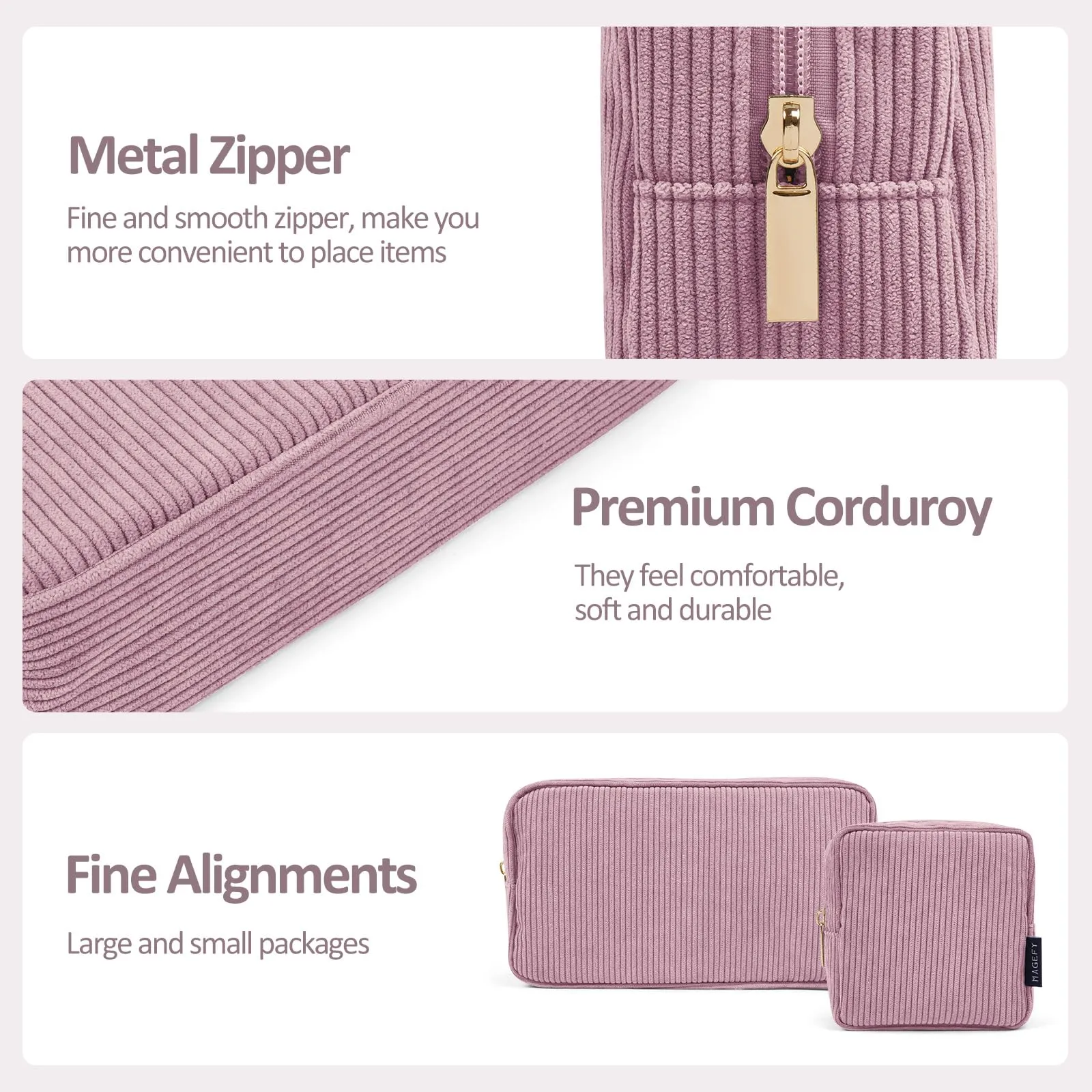 MAGEFY Makeup Bag for Purse, 2 Pcs Corduroy Cosmetic Bag for Women Small Travel Makeup Pouch with Zipper(Pink)
