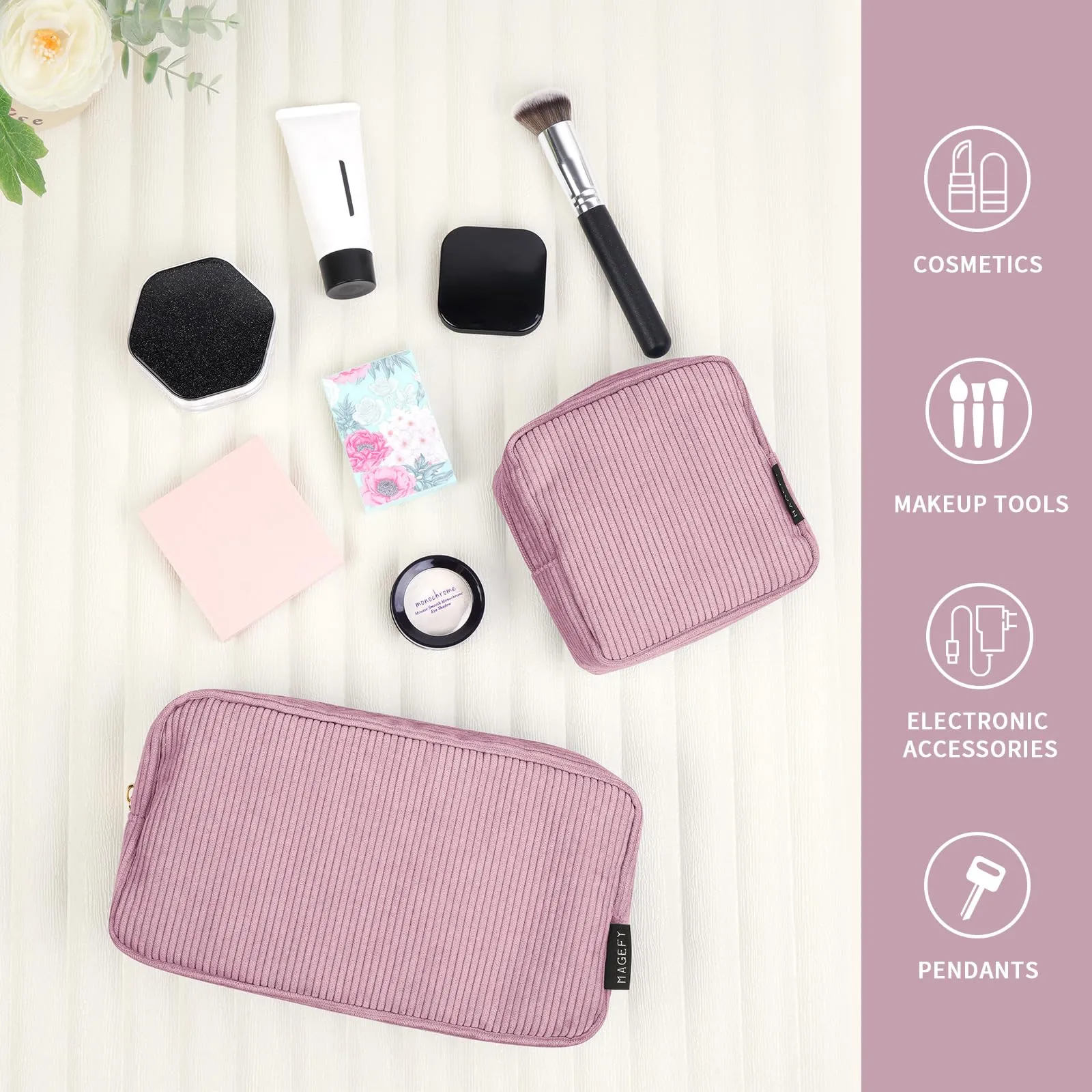 MAGEFY Makeup Bag for Purse, 2 Pcs Corduroy Cosmetic Bag for Women Small Travel Makeup Pouch with Zipper(Pink)