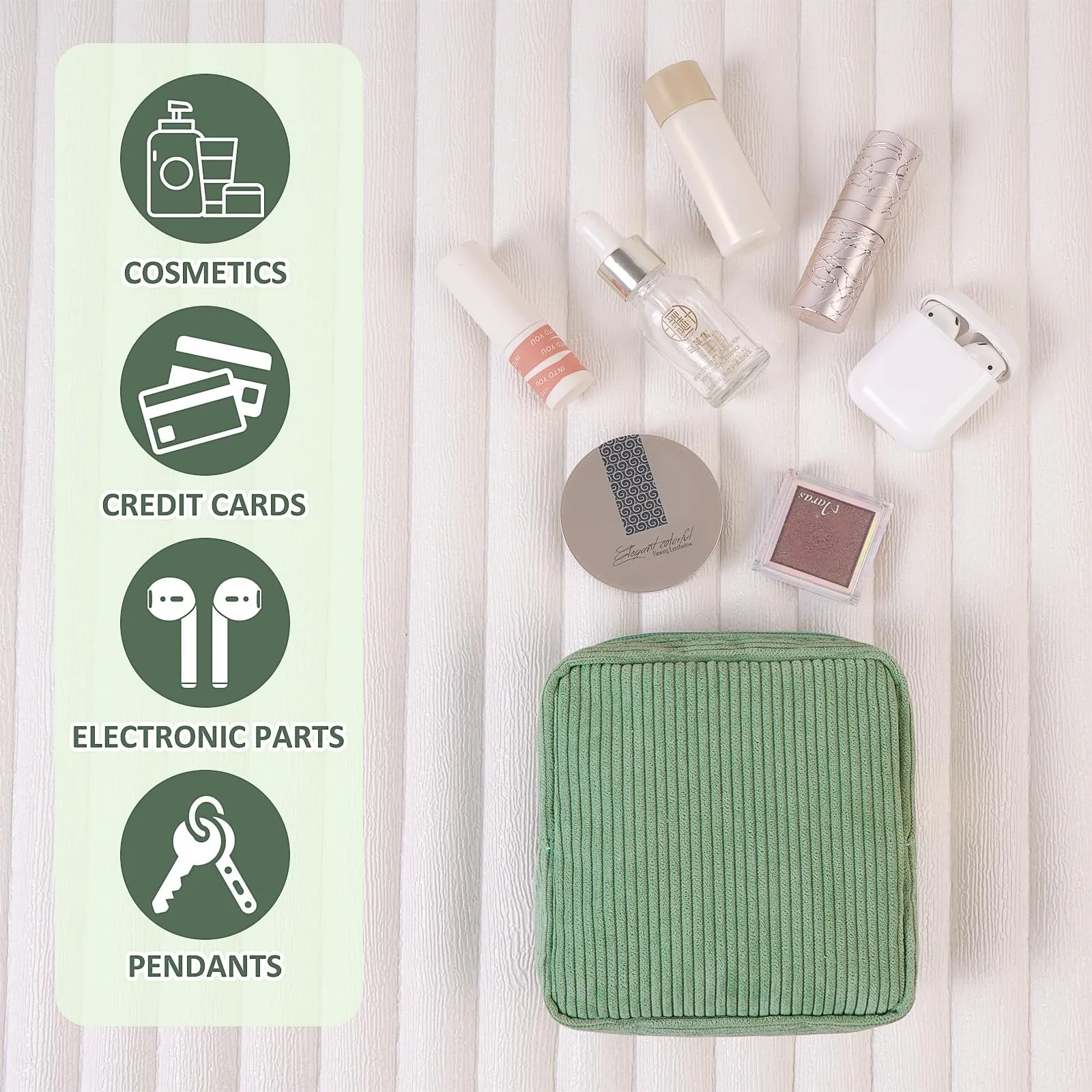MAGEFY Small Makeup Bag Mini Cosmetics Bag Makeup Bag for Purse Corduroy Cute Cosmetic Pouch for Women with Slip-in Pockets (Green)