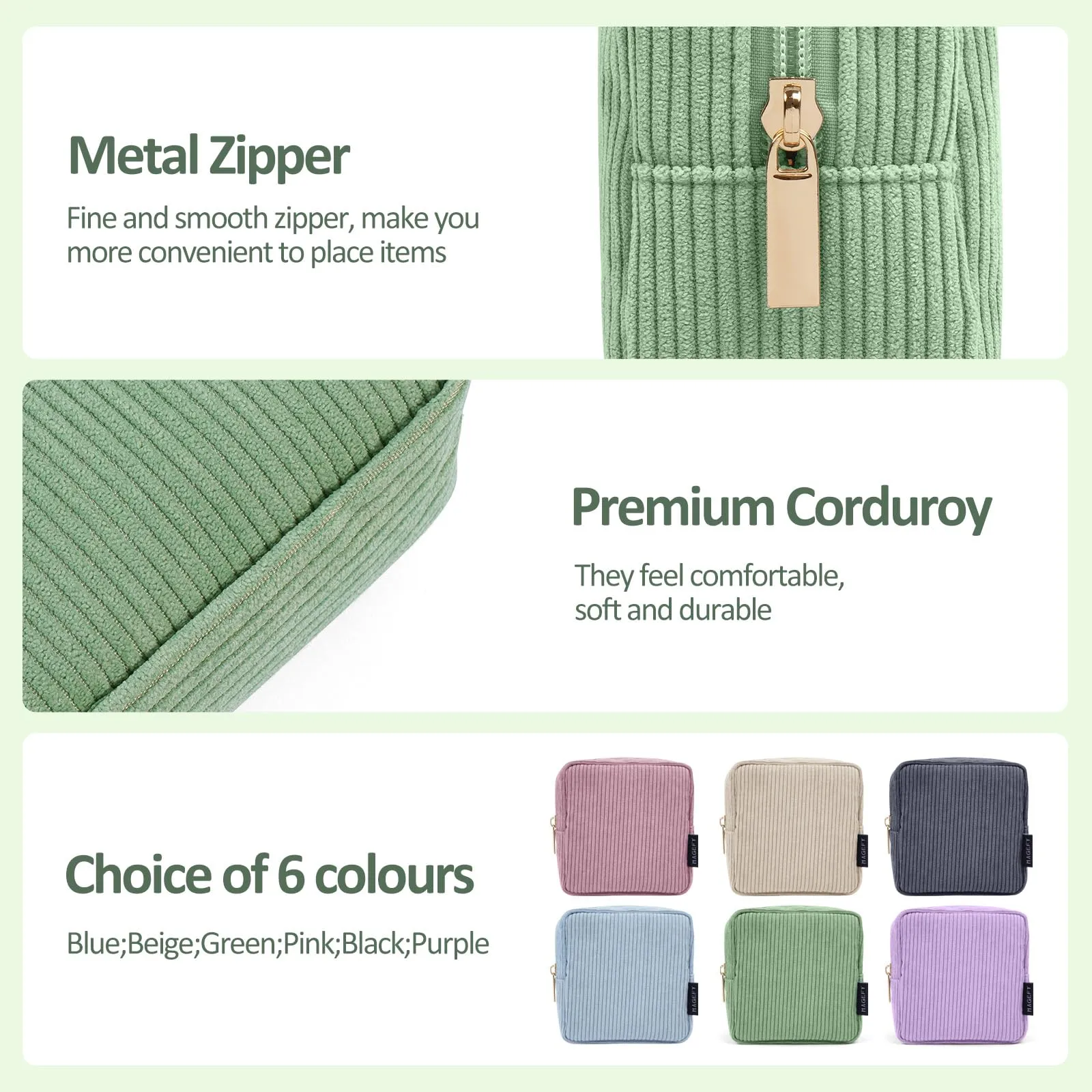 MAGEFY Small Makeup Bag Mini Cosmetics Bag Makeup Bag for Purse Corduroy Cute Cosmetic Pouch for Women with Slip-in Pockets (Green)