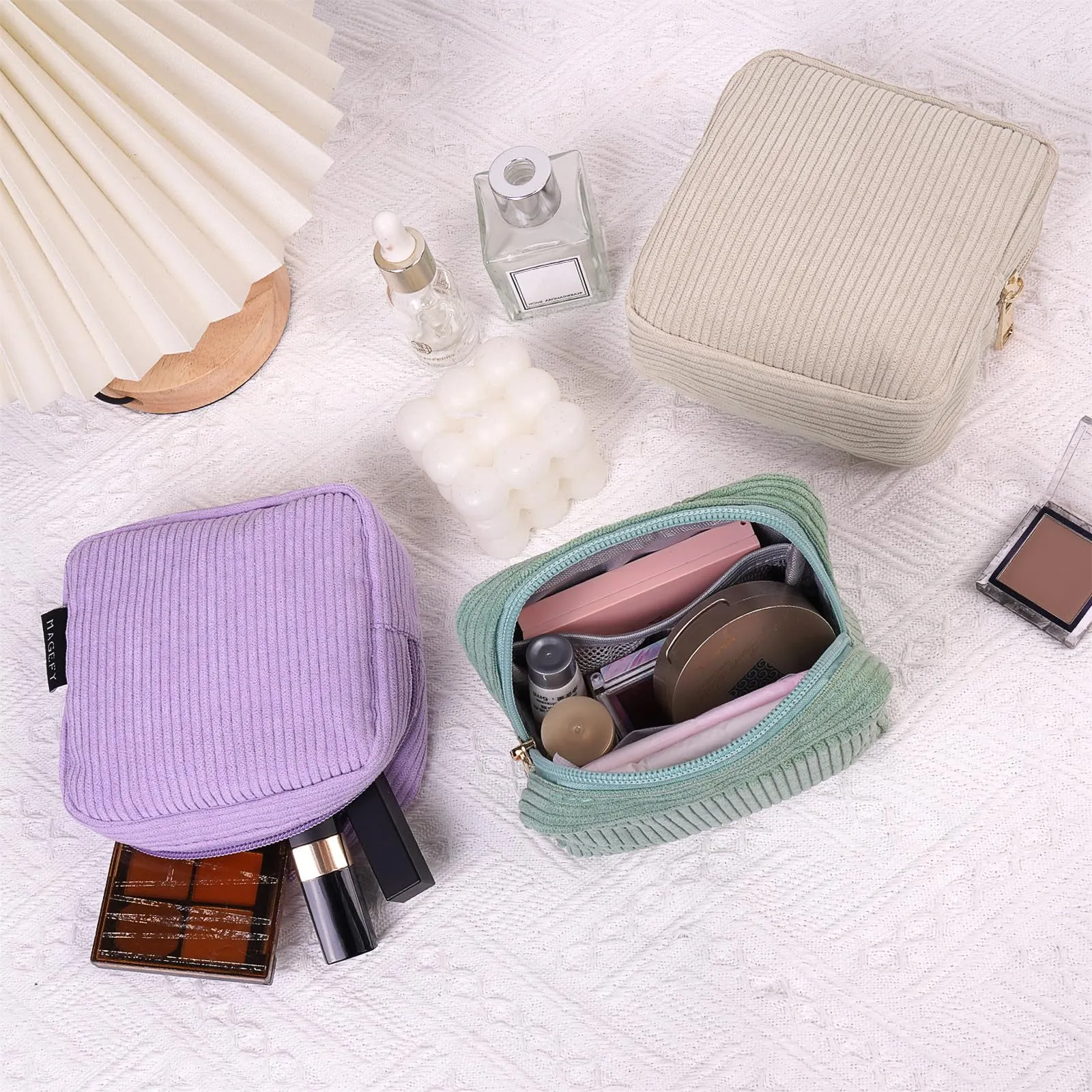 MAGEFY Small Makeup Bag Mini Cosmetics Bag Makeup Bag for Purse Corduroy Cute Cosmetic Pouch for Women with Slip-in Pockets (Green)
