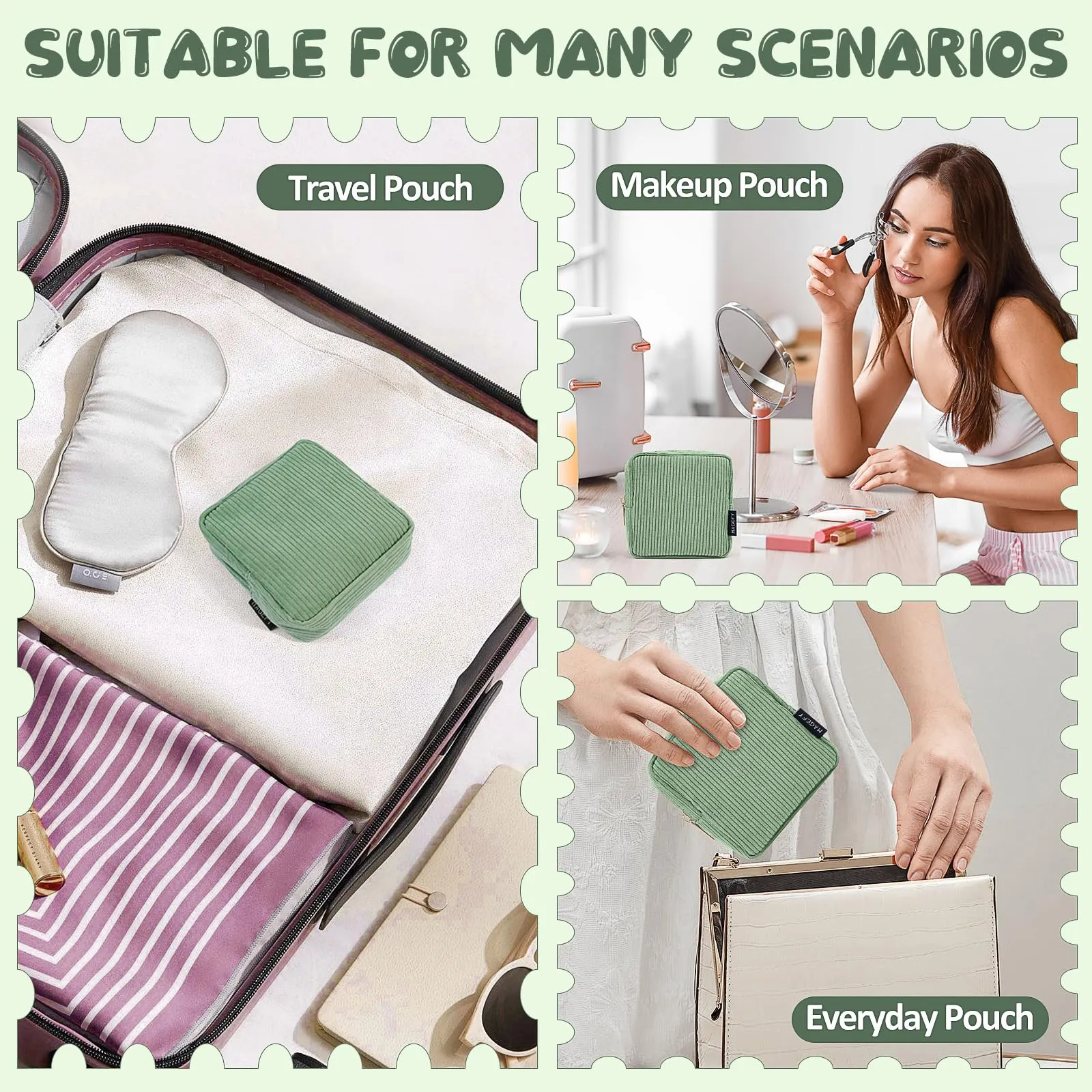 MAGEFY Small Makeup Bag Mini Cosmetics Bag Makeup Bag for Purse Corduroy Cute Cosmetic Pouch for Women with Slip-in Pockets (Green)