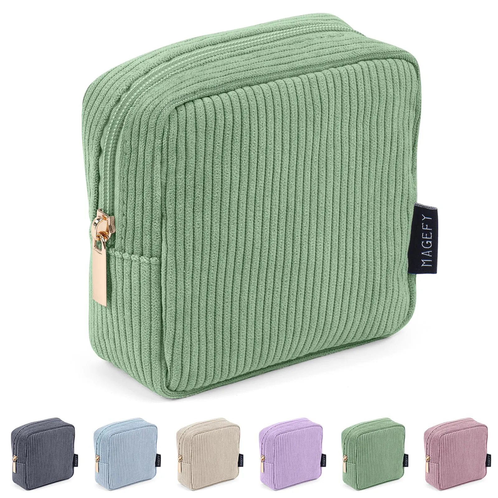 MAGEFY Small Makeup Bag Mini Cosmetics Bag Makeup Bag for Purse Corduroy Cute Cosmetic Pouch for Women with Slip-in Pockets (Green)