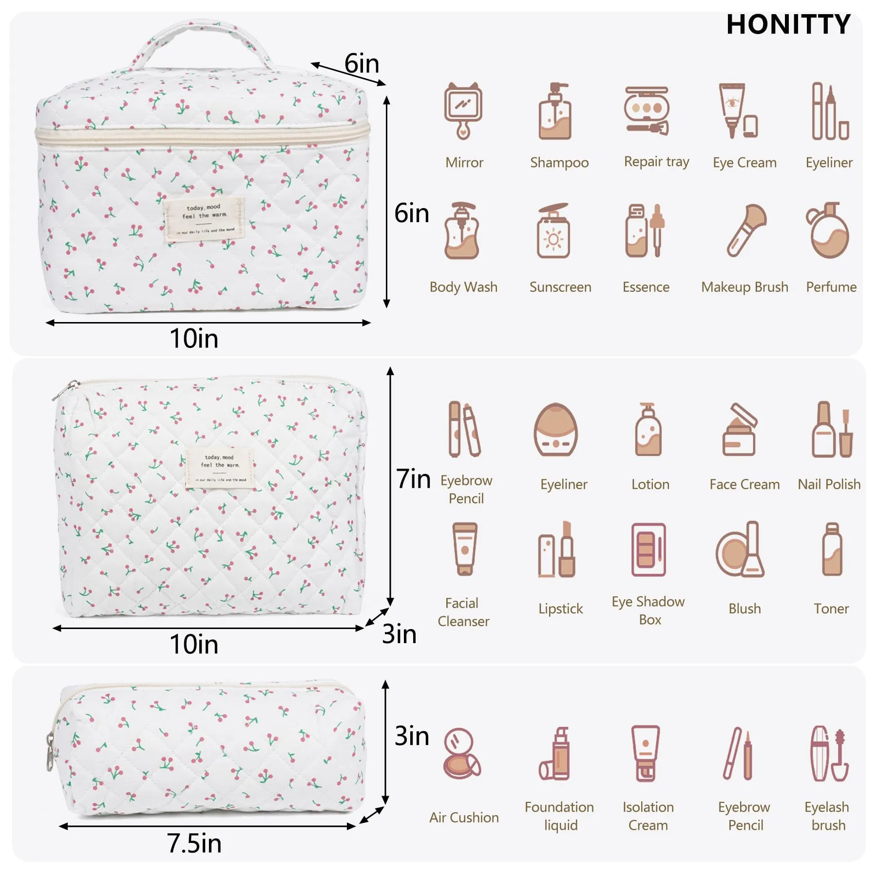 Makeup Bag,Quilted Cosmetic Bag,Large Floral Make Up Bag for Women,Cotton Makeup Bag Set,Flower Travel Toiletry Bag