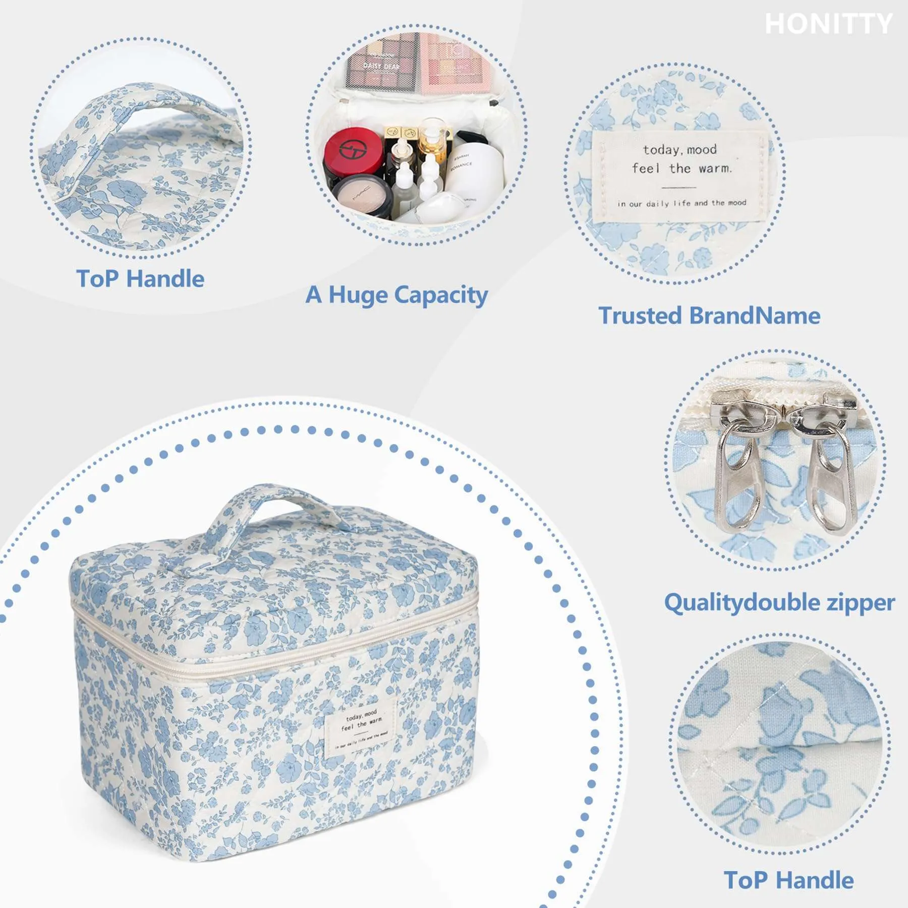 Makeup Bag,Quilted Cosmetic Bags,Large Floral Make Up Bags for Women, Makeup Organize,Flower Travel Toiletry Bag