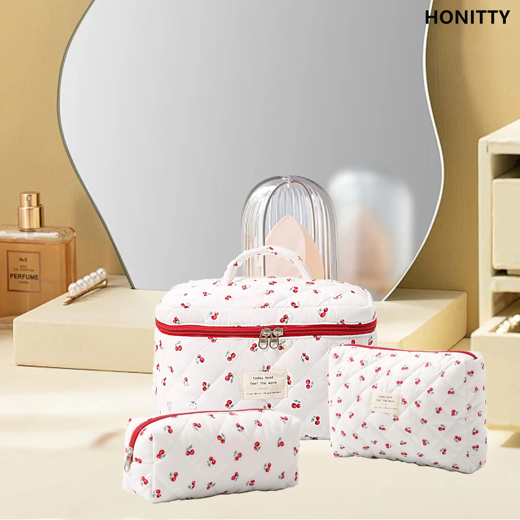 Makeup Bag,Quilted Cosmetic Bags,Large Floral Make Up Organize bag,Makeup Bag Set for Women,Flower Travel Toiletry Bag
