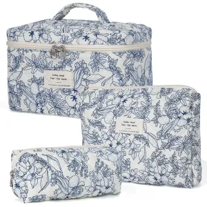 Makeup Bag,Quilted Cosmetic Bags,Large Floral Make Up Organize bag,Makeup Bag Set for Women,Flower Travel Toiletry Bag