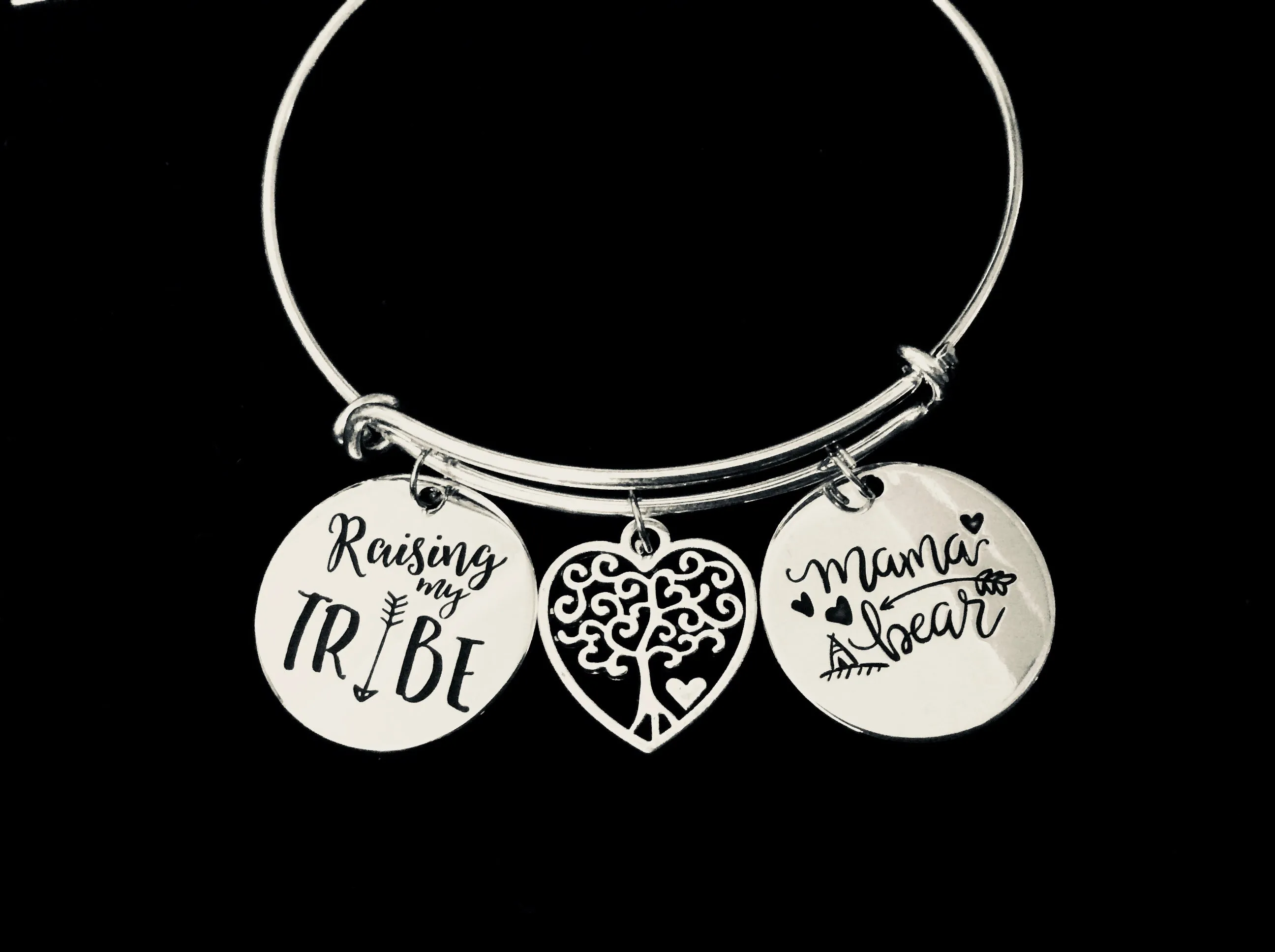 Mama Bear Raising My Tribe Adjustable Bracelet Tree of Life Silver Expandable Charm Bracelet Bangle Trendy Mother Mom Family Gift
