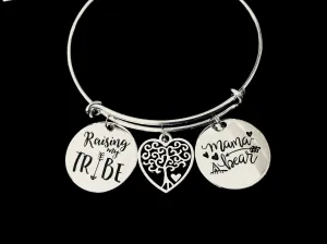 Mama Bear Raising My Tribe Adjustable Bracelet Tree of Life Silver Expandable Charm Bracelet Bangle Trendy Mother Mom Family Gift