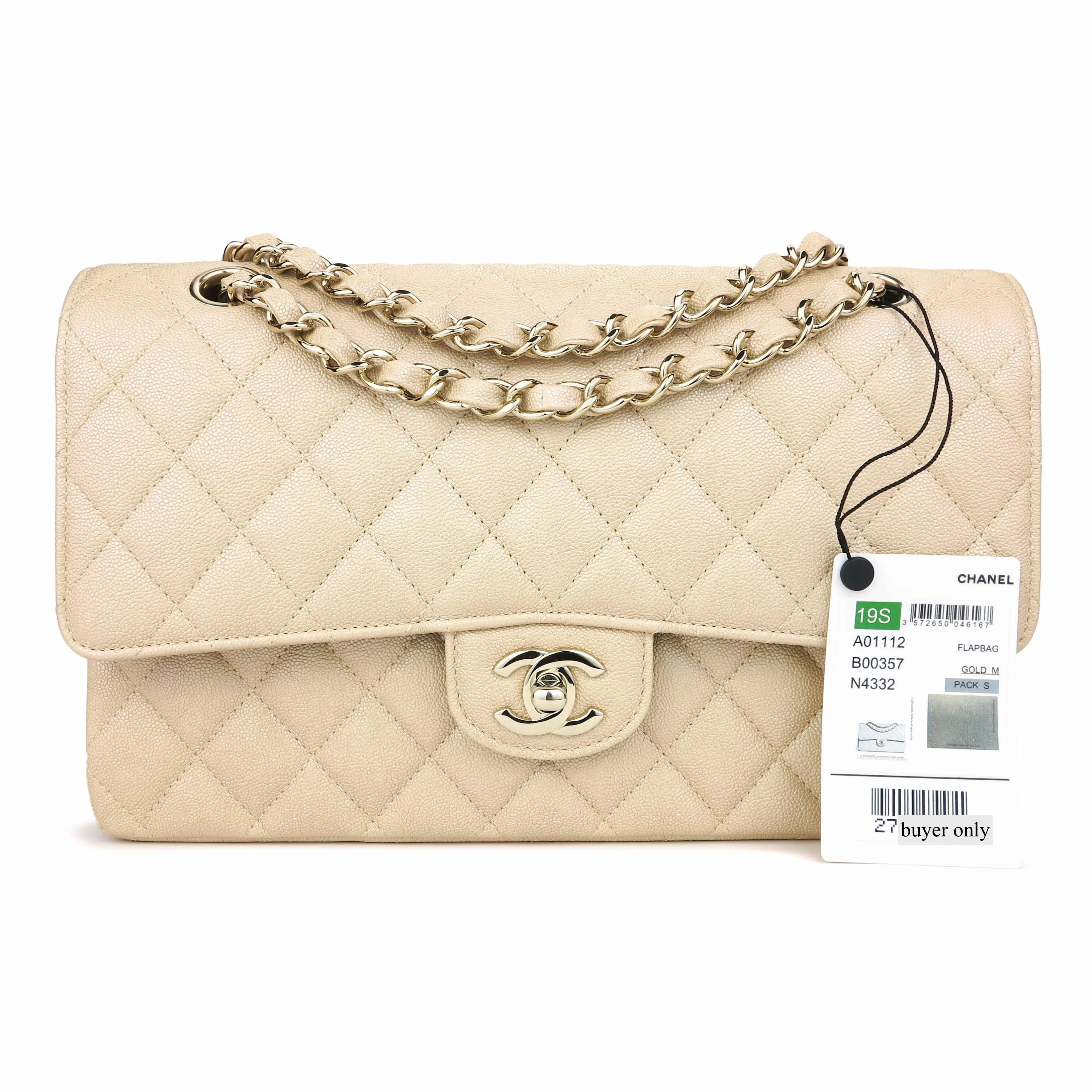 Medium Classic Double Flap Bag in 19S Iridescent Beige Caviar