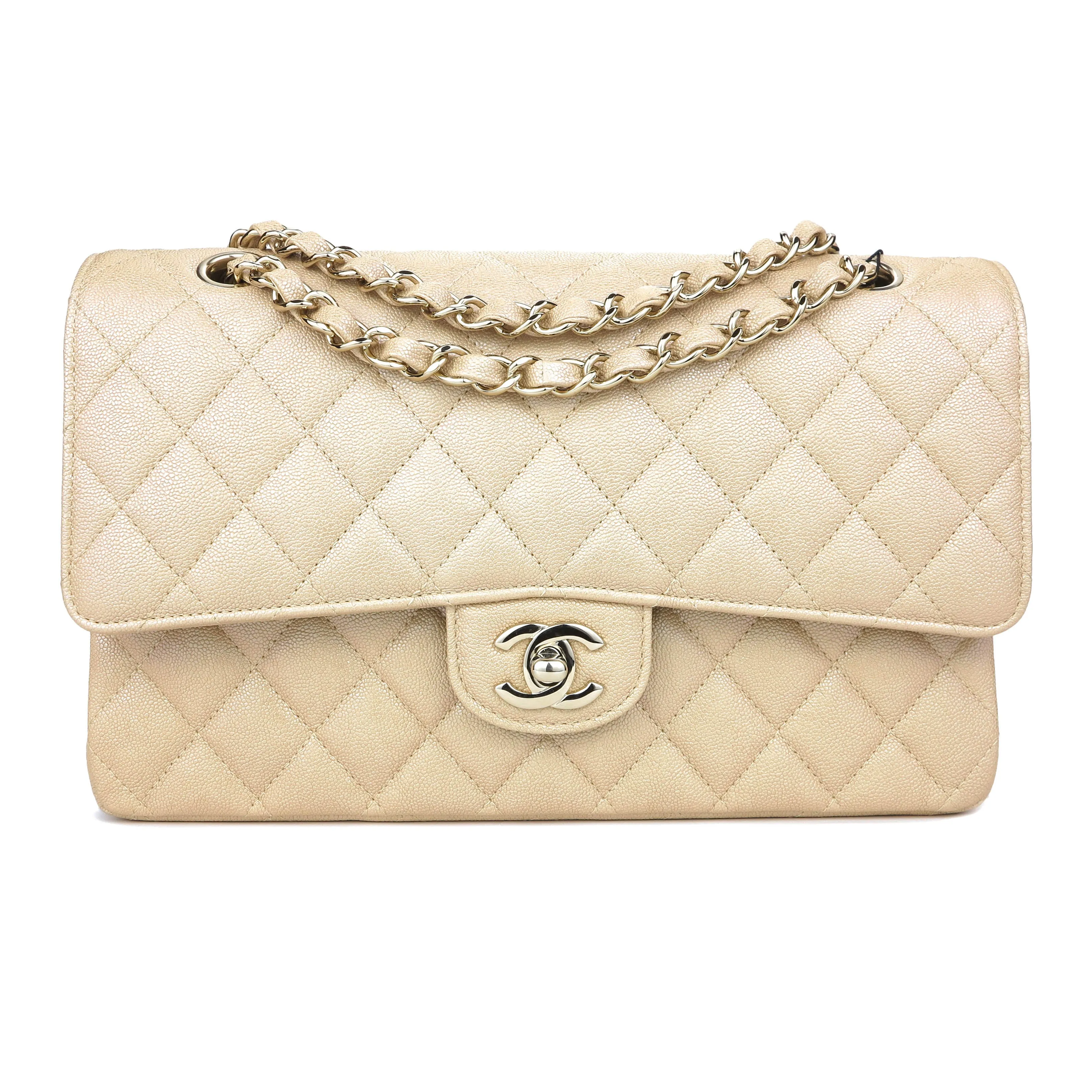 Medium Classic Double Flap Bag in 19S Iridescent Beige Caviar