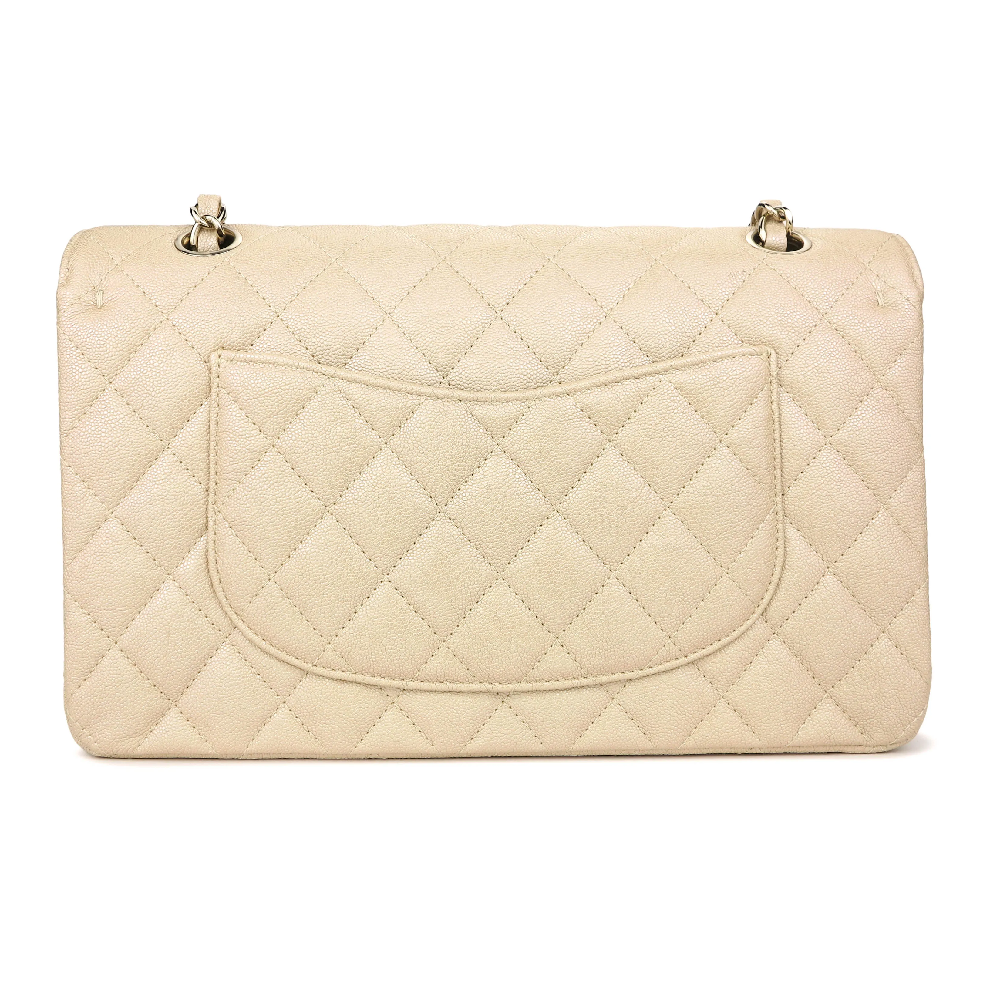 Medium Classic Double Flap Bag in 19S Iridescent Beige Caviar