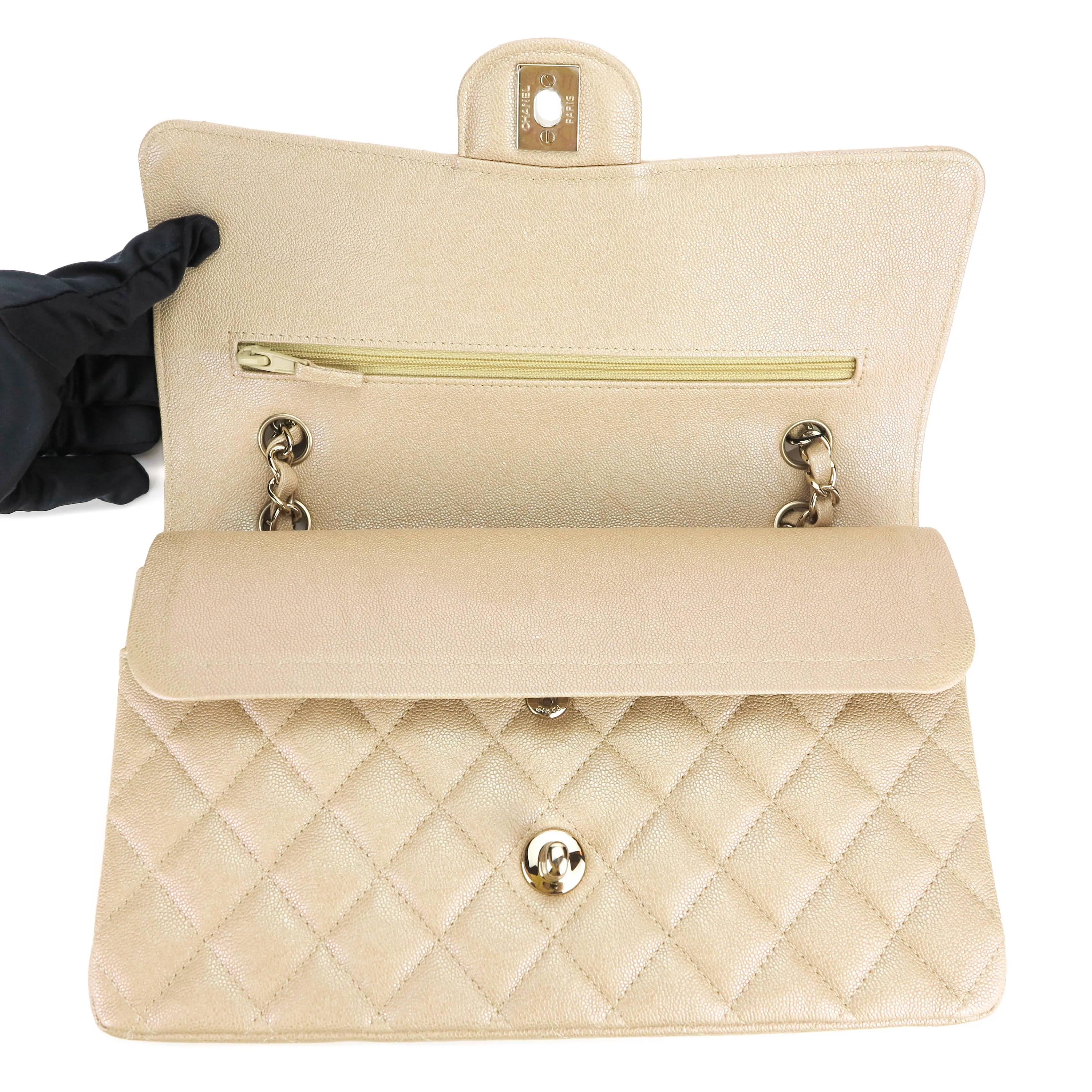 Medium Classic Double Flap Bag in 19S Iridescent Beige Caviar