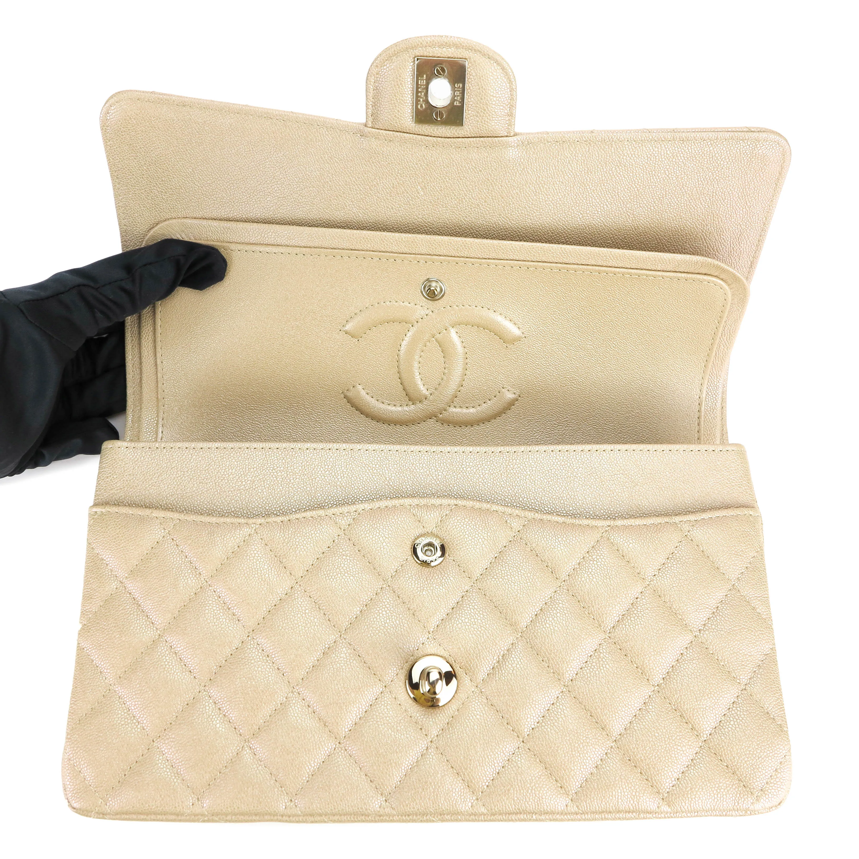Medium Classic Double Flap Bag in 19S Iridescent Beige Caviar