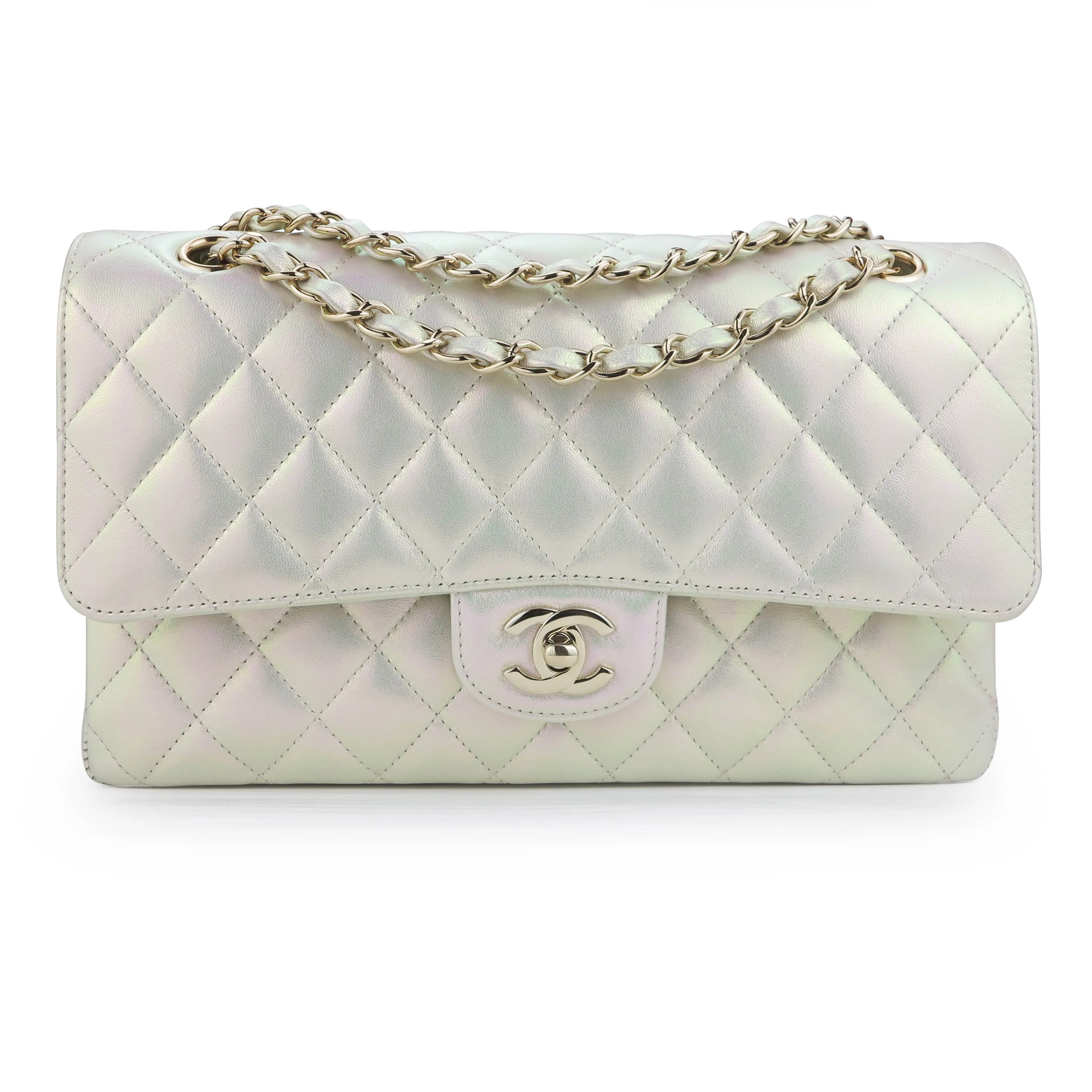 Medium Classic Double Flap Bag in 20B Iridescent Ivory Lambskin