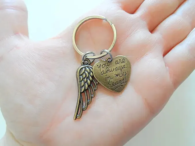 Memorial Keychain, Bronze Wing Charm and "You Are Always With in My Heart" Heart Charm