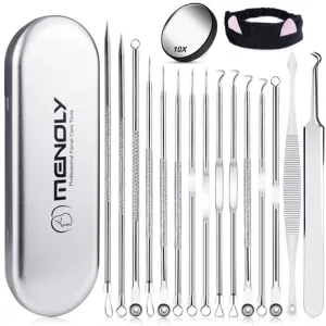 MENOLY Blackhead Remover Tool Kit 15 Pcs, Comedone Extractor Pimple Popper Tool kit for Whitehead Popping, Pimple Extractor with Metal Case and 10X Beauty Magnifier