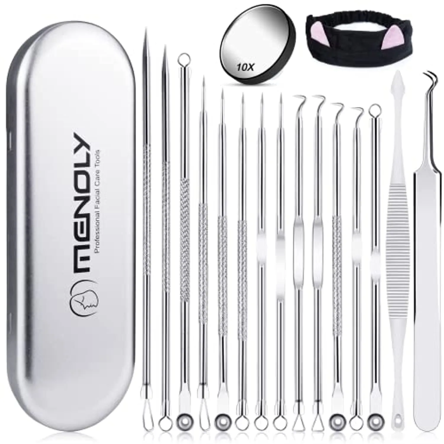 MENOLY Blackhead Remover Tool Kit 15 Pcs, Comedone Extractor Pimple Popper Tool kit for Whitehead Popping, Pimple Extractor with Metal Case and 10X Beauty Magnifier