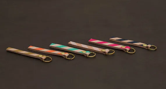 Mini Leather Keychain in Navy Stripe Blk/Pink