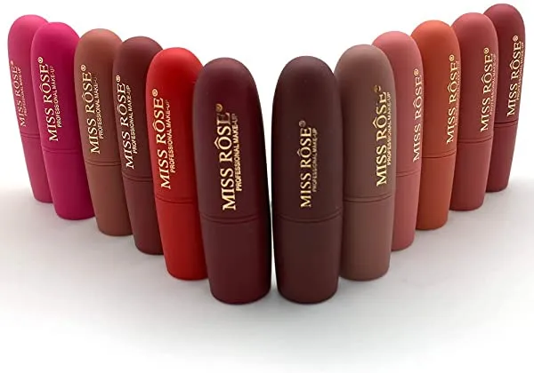 Miss Rose Long-lasting Matte Lipstick Set, 12 PCS Multi Colored featuring full-pigment lip color with a smooth, ultra-matte finish in 12 shades
