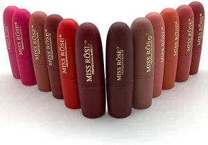 Miss Rose Long-lasting Matte Lipstick Set, 12 PCS Multi Colored featuring full-pigment lip color with a smooth, ultra-matte finish in 12 shades