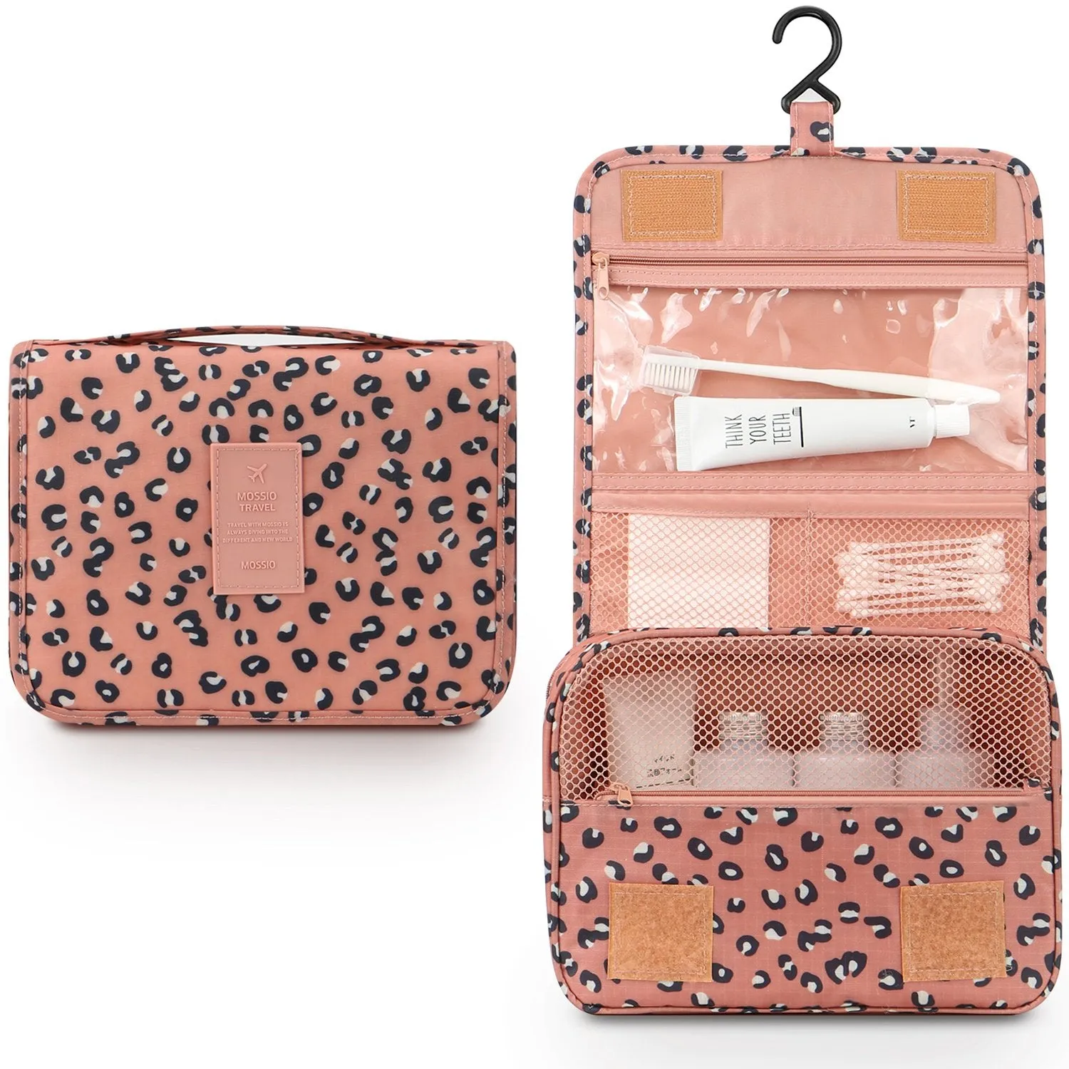 Mossio Hanging Toiletry Bag - Large Cosmetic Makeup Travel Organizer for Men & Women with Sturdy Hook (Pink Leopard)